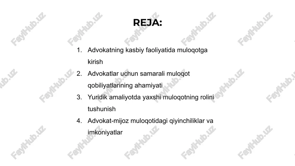 in. aniq muloqot muzokaralar, sud jarayonlari va boshqa huquqiy jarayonlar uchun juda muhimdir. muloqot ko'nikmalarini o'zlashtirgan holda, advokatlar dalillarni ishonchli tarzda ifodalashlari, qulay kelishuvlar bo'yicha muzokaralar olib borishlari va kuchli professional tarmoqlarni qurishlari mumkin. samarali muloqot ishonch, ishonchlilik va advokatlik sohasida muvaffaqiyatga yordam beradi. yuridik amaliyotda yaxshi muloqotning rolini tushunish advokatning kasbiy faoliyatida muloqot hal qiluvchi rol o'ynaydi. yaxshi muloqot qobiliyatlari mijozlar bilan ishonchni mustahkamlash va ularning manfaatlarini samarali himoya qilish uchun zarurdir. 01 02 03 yuridik amaliyotda muloqotning rolini tushunish hollarda muvaffaqiyatli natijalarning kalitidir. advokat muvaffaqiyati uchun hamkasblar, mijozlar va sud bilan aniq va aniq muloqot juda muhimdir. samarali muloqot, shuningdek, advokatlarga murakkab huquqiy tushunchalarni o'z mijozlari tomonidan oson tushuniladigan tarzda ifodalashda yordam beradi. bu advokatning yuridik jamiyatdagi obro‘si va ishonchini oshiradigan bebaho vositadir. muloqot orqali mijozlar bilan munosabatlarni o'rnatish strategiyalari advokatning professional sohasida samarali muloqot muhim ahamiyatga ega. mijozlar bilan munosabatlarni o'rnatish nozik strategiyalarga bog'liq. faol tinglash, hamdardlik …