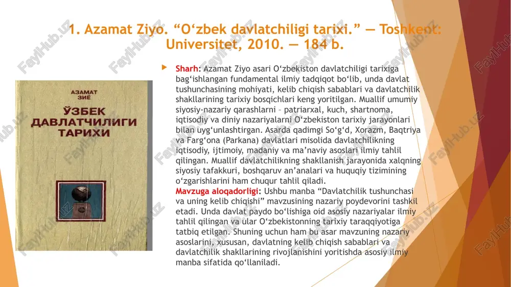 il etgan holda, o‘zbek davlatchiligining ildizlari, siyosiy suverenitetning tiklanish jarayoni va xalqning o‘z taqdirini o‘zi belgilash huquqi haqida ilmiy asoslangan fikrlar bildiradi. mavzuga aloqadorligi: bu manba hozirgi zamon o‘zbek davlatchiligining shakllanishi va uning tarixiy ildizlarini tahlil qilishda muhim ahamiyat kasb etadi. u o‘zbekiston mustaqil davlatchiligini qadimiy tarixiy an’analarning mantiqiy davomi sifatida ko‘rsatadi. 3. to‘raev b. “davlatchilik nazariyalari va ularning tarixiy asoslari.” — toshkent: akademnashr, 2015. — 210 b. sharh: ushbu asarda davlat paydo bo‘lishiga oid nazariyalar — tabiiy, shartnoma, kuch, psixologik va iqtisodiy nazariyalar chuqur tahlil qilingan. muallif ularni tarixiy dalillar bilan asoslab, o‘zbekiston va sharq mamlakatlaridagi davlatchilik shakllanishiga ta’sirini yoritadi. mavzuga aloqadorligi asar “davlatchilikning kelib chiqishiga oid tarixiy nazariyalar” qismi uchun ilmiy asos vazifasini bajaradi. unda nazariy yondashuvlar orqali davlat paydo bo‘lishining umumiy qonuniyatlari ko‘rsatilib, ularni o‘zbek tarixiy tajribasi bilan bog‘laydi. 4. rahimov a. “o‘zbekiston davlatchiligi va huquqiy tizimining shakllanish bosqichlari.” — toshkent: yangi asr avlodi, 2017. — 256 …