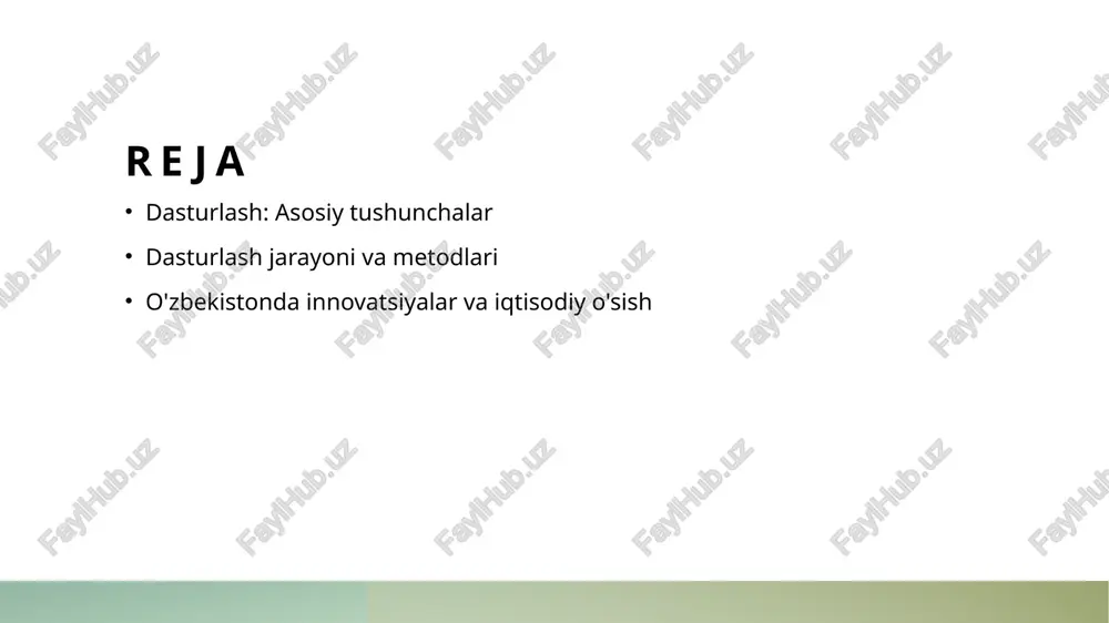 iga ega. dasturlash va muhandislik: innovatsiyalarni yaratish jarayoni. dasturlash va muhandislik innovatsion jarayon o'zbekiston tajribasi dasturlash va muhandislik birgalikda ishlash orqali innovatsiyalar yaratadi. dasturchilar va muhandislar jamoa bo'lib yangi g'oyalarni amalga oshiradi. innovatsion jarayon dasturlash va muhandislikning birlashuvi orqali sodir bo'ladi. yangi texnologiyalar ishlab chiqish, ishlab chiqarish jarayonini optimallashtirishga yordam beradi. o'zbekistonda dasturlash va muhandislik sohalaridagi innovatsiyalar iqtisodiy o'sishni tezlashtiradi. mahalliy startaplar va loyihalar global bozorga chiqishga intilmoqda. dasturlash jarayonida maqsad va talablarni aniqlash. maqsadlarni aniqlash talablarni tahlil qilish maqsad va talablar o'rtasidagi bog'lanish dasturlash jarayonida maqsadlarni aniqlash, loyiha muvaffaqiyatini ta'minlaydi. maqsadlar aniq belgilangan bo'lsa, jamoa ular ustida samarali ishlay oladi. dasturlash jarayonida talablarni tahlil qilish, foydalanuvchilar ehtiyojlarini aniqlashga yordam beradi. bu, loyiha dizaynini va funksionalligini belgilashda muhimdir. maqsad va talablar o'rtasidagi bog'lanish, dasturlash jarayonidagi harakatlarni birlashtiradi. ular bir-birini to'ldiradi va dasturiy yechimlarning sifatini oshiradi. dasturlash metodologiyalari: agile va waterfall usullari. 01 agile metodologiyasi agile metodologiyasi dasturlash jarayonini kichik, tezkor …