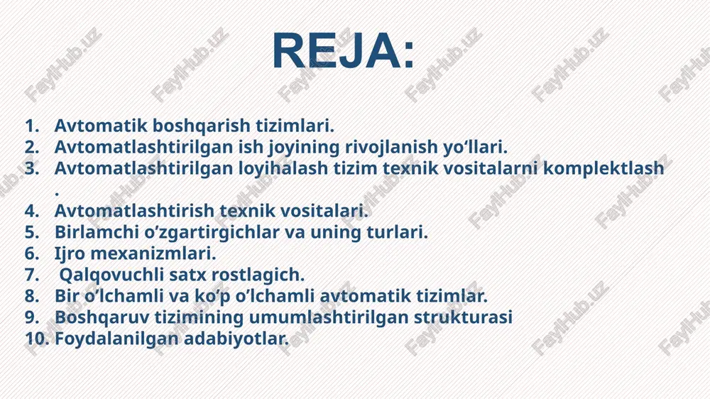 oladi. haydovchiga faqatgina oldindagi yo’lni ko’rish yetarli bo’lmay, u mashina qayerga ketayotganligini ham ko’rib turishi zarur. olingan ma’lumotlarni analiz qilish natijalari asosida keyingi boshqaruv harakatlari to’g’risida qaror qabul qilinadi. xorirgi kunda texnika-texnalogiya judaham rivojlanga bo’lib hayotimizni ularsiz tasavvur qila olmaymiz. 21-asr texnalogiya asri deb allaqachon tan olingan, ayniqsa avtomatlashtirilgan texnika vositalari keng qo’llanilmoqda. avtomatlashtirilgan ish joyi komplekslari quyidagilar sifatida ishlatilishi mumkin: -ko‘p darajali avtomatlashtirilgan loyihalash tizimining bitta darajasi, -mxk darajasidagi ish joyi, -konstruktiv loyihani turli texnologik uskunalarga moslashtirish uchun mo‘ljallangan, texnalogik komplekslar, -texnologik yo‘nalishdan biri, -avtomatlashtirilgan loyihalash tizimining tizim va tadbiqiy dasturlar ta'minotda ishlab chiqish uchun mo‘ljallangan vositalar kompleksi. avtomatlashtirilgan ish joyining rivojlanish yo‘llari avtomatlashtirilgan ish joylarining kelajakda o‘sishi quyidagilarga bog‘liq: - yangi texnik vositalarini qo‘llash; - yangi bazaviy amaliy dasturlarni ishlab chiqish; - avtomatlashtirilgan loyihalash texnologiyasini rivojlantirish; avtomatlashtirilgan ish joyini internet tizimlari bilan bog‘lash. yangi avtomatlashtirilgan ish joylarini ko‘rsatkichlari: - samaradorligi - 9-10 mlrd/sek; - tashqi xotira hajmi 500 …