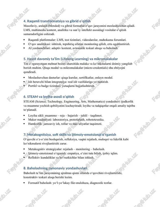 atlar o‘quv jarayonini moslashuvchan qiladi. lms, multimedia kontent, analitika va sun’iy intellekt asosidagi vositalar o‘qitish samaradorligini oshiradi. raqamli platformalar: lms, test tizimlari, videodarslar, muhokama forumlari. o‘quv analitikasi: ishtirok, topshiriq sifatini monitoring qilish, erta ogohlantirish. ai yordamchilari: adaptiv kontent, avtomatik teskari aloqa va baholash. 5. hayot davomiy ta’lim (lifelong learning) va mikromalakalar tez o‘zgarayotgan mehnat bozori sharoitida malaka va ko‘nikmalarni doimiy yangilab borish muhim. qisqa modul va mikromalakalar (micro-credentials) shu ehtiyojni qondiradi. moslashuvchan dasturlar: qisqa kurslar, sertifikatlar, onlayn modul. ish beruvchi bilan integratsiya: real ish vazifalariga yo‘naltirish. portfel va badge tizimlari: yutuqlarni hujjatlashtirish. 6. steam va loyiha-asosli o‘qitish steam (science, technology, engineering, arts, mathematics) yondashuvi ijodkorlik va muammo yechish qobiliyatini kuchaytiradi; loyiha va tadqiqotlar orqali amaliy tajriba to‘planadi. loyiha sikli: muammo – reja – bajarish – tahlil – taqdimot. maker madaniyati: laboratoriya, prototiplash, robototexnika. hamkorlik: jamoaviy ish, rollar va mas’uliyatlar taqsimoti. 7. metakognitsiya, soft skills va ijtimoiy-emotsional o‘rganish o‘quvchi o‘z-o‘zini boshqarish, …