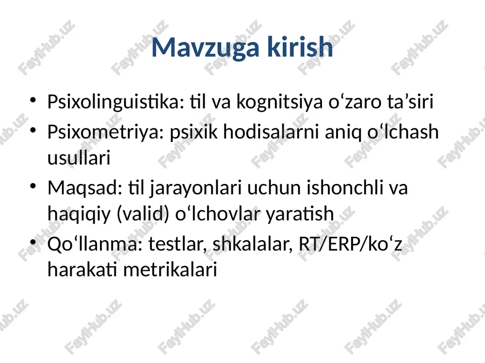 tsiyalar, mmt) mezon: bashoratlovchi va konkurrent validlik ekologik: laboratoriya natijalari real nutq bilan mos kelishi o‘lchov vositalari (rt, erp, ko‘z harakati) rt (reaksiya vaqti): tezkorlik, log-transformatsiya, outlier filtrlash erp: n400, p600 kabi komponentlar – semantika va sintaksis ko‘rsatkichlari ko‘z harakati: first fixation, gaze duration, regressiyalar psixometrik masala: signal/shovqin, takrorlanuvchanlik, kalibrlash faktor tahlili va o‘lchov modeli efa/cfa: latent konstruktlarni aniqlash va tasdiqlash yaxshi moslik ko‘rsatkichlari (cfi, tli, rmsea, srmr) item interkorrelyatsiyalari va yuklamalar model invariantligi (guruhlar bo‘yicha) ma’lumotlar sifati va oldindan ishlov outlier va artefaktlarni aniqlash: trimming, winsorization ishlamagan itemlar va tavon ballari random javob va e’tibor tekshiruvi (attention checks) namuna hajmi va quvvat (power) rejalashtirish eksperimental dizayn va psixometrik e’tibor ichki–tashqi validlik muvozanati subject/item randomizatsiyasi, counterbalancing mixed-effects modellar (is participant/is item) stimullar muvozanati: chastota, uzunlik, qo‘shimcha omillar madaniy va tilga xos omillar l1/l2, bilingvalizm, dialekt va registr ta’siri so‘z chastotasi va reytinglarini lokal korpuslarda normativlash tarjima ekvivalenti va semantik siljishlar …