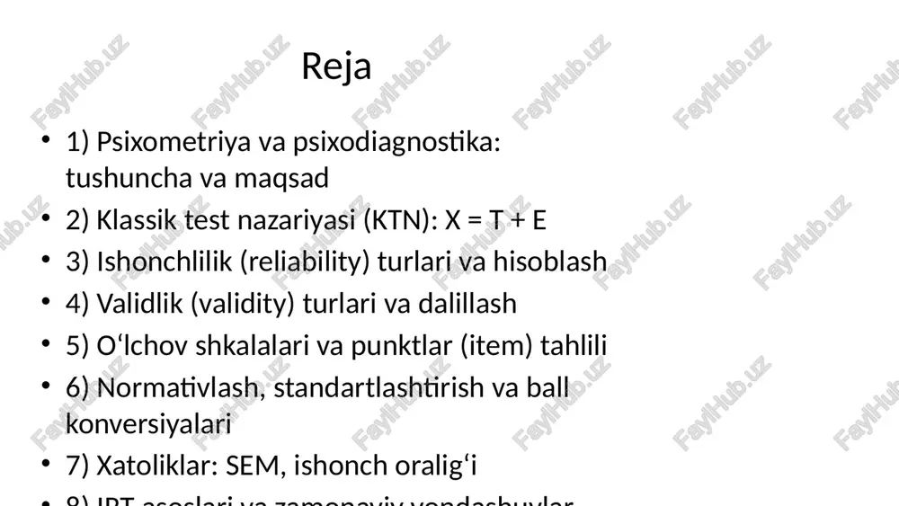 h (face) validligi: foydalanuvchiga 'mantiqliligi'. mezoniy (criterion) validlik: konkurrent va prediktiv. konstrukt validligi: konvergent, diskriminant, faktor tuzilma. dalillash manbalari: jarayon ma’lumoti, javob jarayoni, ichki tuzilma, tashqi aloqalar. o‘lchov shkalalari va ballar nominal, tartibli (ordinal), interval, mutlaq (ratio) shkalalar. likert, guttman, thurstone, semantik differensial. ball konversiyasi: xom ball → z → t (t = 50 + 10z) → stanine/sten. kesish nuqtalari (cut-scores): angoff, bookmark, normaga yoki me’yorga bog‘liq. punkt (item) tahlili qiyinlik indeksi p = to‘g‘ri javoblar ulushi (0–1). ajratuvchanlik r_pb (point-biserial) yoki item–total korrelyatsiya. distraktor tahlili: noto‘g‘ri javob variantlarining jozibadorligi. qoidalarga yaqin yo‘riqnoma: 0.2 ≤ r_pb ≤ 0.4 yaxshi; p ≈ 0.3–0.8 maqbul. normativlash va standartlashtirish vakillik namunasi (sample) hajmi va tarkibi (yosh, jins, til, madaniyat). adminstratsiya protseduralari: bir xil sharoitlar, ko‘rsatmalar, vaqt. normlar: percentil, sten (1–10), stanine (1–9), t-ball, iq normasi (μ=100, σ=15). madaniy-mintaqaviy moslashtirish: tarjima–orqaga tarjima, pilot sinov. o‘lchov xatolari va ishonch oralig‘i sem (standard error of measurement): …