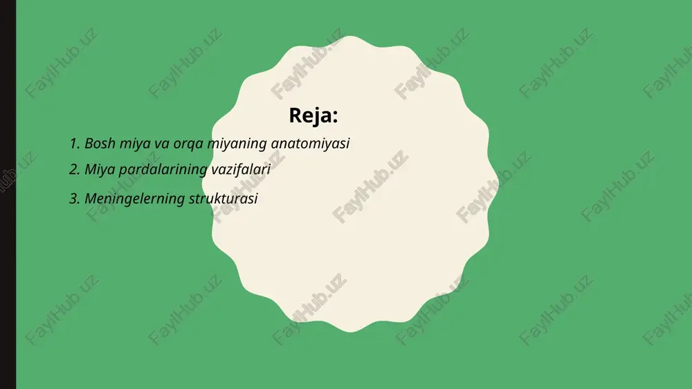 mini infektsiya va jarohatlardan himoya qilishda muhim rol o'ynaydi. bosh miya pardalarining tipi to'rtinchi bosh miya pardalari, ya'ni "meninges" tipi, uchta qatlamdan iborat: 1) dura mater - eng tashqi qatlam, qattiq pardadir. u suyaklar bilan to'g'ridan-to'g'ri aloqa qiladi va miya hamda orqa miya himoyasida yordam beradi. 2) arachnoid mater - o'rtada joylashgan, nozik va o'rgimchak to'ri shaklidagi qatlam. arteriyalar va venalar o'zaro aloqada bo'lgan likvor (miya suyuqligi) bilan to'lgan subaraknoid bo'shliqni hosil qiladi. 3) pia mater - eng ichki qatlam, miyaga bevosita yopishgan va uning yuzasidagi qon tomirlarini o'rab turadi. bu uch qatlam miya va orqa miya himoyasida muhim rol o'ynaydi. e'tiboringiz uchun raxmat! image1.jpg image2.jpg /docprops/thumbnail.jpeg