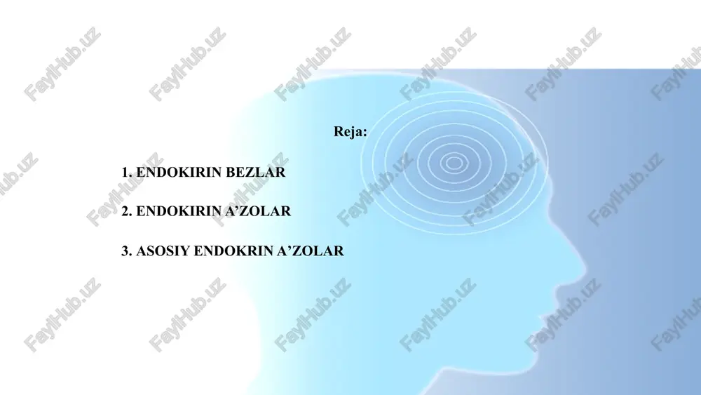 lands) vazifasi: qalqonsimon bez osti bezlari paratgormon (pth) ishlab chiqaradi, bu gormon qon va suyak to‘qimalaridagi kalsiy va fosfat muvozanatini boshqaradi. pth kalsiyni suyaklardan chiqarishga va buyraklarda kalsiyni qayta so‘rilishiga yordam beradi. joylashuvi: qalqonsimon bezning orqa tomonida, to‘rtta kichik bez sifatida joylashgan. 5. buyrak usti bezlari (adrenal glands) vazifasi: buyrak usti bezlari tananing stressga javobini boshqaruvchi bir necha turdagi gormonlarni ishlab chiqaradi: kortizol: stressga javob va energiya balansini saqlashga yordam beradi. aldosteron: tuz va suv balansini tartibga soladi, qon bosimini boshqaradi. adrenalin va noradrenalin: stress va favqulodda holatlarga javoban yurak urishi, nafas olish va qon bosimini oshiradi. joylashuvi: buyraklarning ustida joylashgan. 6. oshqozon osti bezi (pancreas) vazifasi: oshqozon osti bezi ikki xil funksiya bajaradi – ekzokrin va endokrin. endokrin qismi insulinni ishlab chiqarib, qondagi qand miqdorini pasaytiradi, glyukagon esa qondagi qand miqdorini oshiradi. ushbu gormonlar qondagi glyukoza miqdorini muvozanatlashda asosiy rol o‘ynaydi. joylashuvi: oshqozonning orqa qismida, qorin bo‘shlig‘ida joylashgan. 7. …