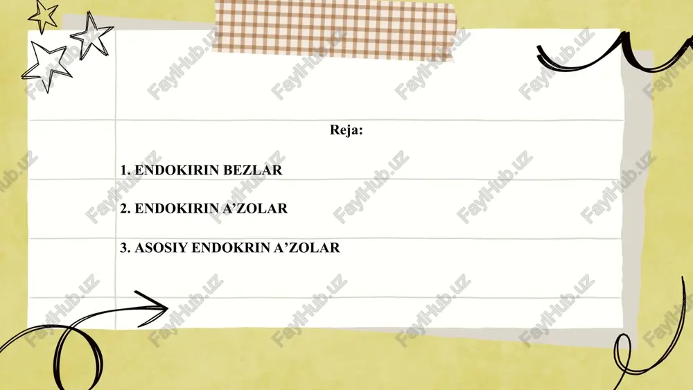 o‘lining old tomonida joylashgan. ... t.me/slaydai_bot 4. qalqonsimon bez osti bezlari (parathyroid glands) vazifasi: qalqonsimon bez osti bezlari paratgormon (pth) ishlab chiqaradi, bu gormon qon va suyak to‘qimalaridagi kalsiy va fosfat muvozanatini boshqaradi. pth kalsiyni suyaklardan chiqarishga va buyraklarda kalsiyni qayta so‘rilishiga yordam beradi. joylashuvi: qalqonsimon bezning orqa tomonida, to‘rtta kichik bez sifatida joylashgan. 5. buyrak usti bezlari (adrenal glands) vazifasi: buyrak usti bezlari tananing stressga javobini boshqaruvchi bir necha turdagi gormonlarni ishlab chiqaradi: kortizol: stressga javob va energiya balansini saqlashga yordam beradi. aldosteron: tuz va suv balansini tartibga soladi, qon bosimini boshqaradi. adrenalin va noradrenalin: stress va favqulodda holatlarga javoban yurak urishi, nafas olish va qon bosimini oshiradi. joylashuvi: buyraklarning ustida joylashgan. 6. oshqozon osti bezi (pancreas) vazifasi: oshqozon osti bezi ikki xil funksiya bajaradi – ekzokrin va endokrin. endokrin qismi insulinni ishlab chiqarib, qondagi qand miqdorini pasaytiradi, glyukagon esa qondagi qand miqdorini oshiradi. ushbu gormonlar qondagi glyukoza miqdorini …