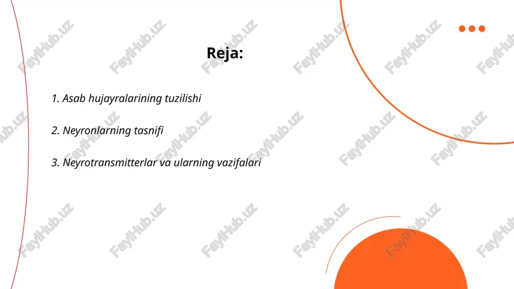 terlar dopamin, serotonin, asetilxolin va glutamatdir. dopamin harakat va lazzatlanish hissiyoti bilan bog'liq; serotonin kayfiyat va uyquni boshqaradi; asetilxolin harakat va xotirani qo'llab-quvvatlaydi; glutamat esa asosiy qo'zg'atuvchi vazifani bajaradi. neyrotransmitterlar miyaning muhim funksiyalarini amalga oshirishda ishtirok etadi va ularning disbalansi ruhiy va nevrologik kasalliklarga olib kelishi mumkin. masalan, dopamin yetishmovchiligi parkinson kasalligida, serotonin yetishmovchiligi depressiyada kuzatiladi. ... t.me/slaydai_bot markaziy nerv sistemasining strukturasi markaziy nerv sistemasining (mns) asosiy tarkibiy qismlari miya va orqa miyadan iborat. miya bosh miya va miyaning pastki qismlaridan shakllanib, har xil funksiyalarni boshqaradi. bosh miya katta, o'rta va oraliq miyada bo'linadi. katta miya ikkita yarim sharga bo'lingan, ularda 100 milliarddan ortiq nerv hujayralari mavjud. orqa miya taxminan 45 sm uzunlikda bo'lib, umurtqa pog'onasida joylashgan. mns periferik nerv sistemasiga signal yuborib, organizmning barcha qismlarini boshqaradi. mnsdagi asosiy neyrotransmitterlar dopamin, serotonin, va glutamat hisoblanadi. bu tizim tana harakati, sezgi va fikrlash jarayonlarini muvofiqlashtiradi. ... t.me/slaydai_bot miya yarimsharlari inson miyasi …