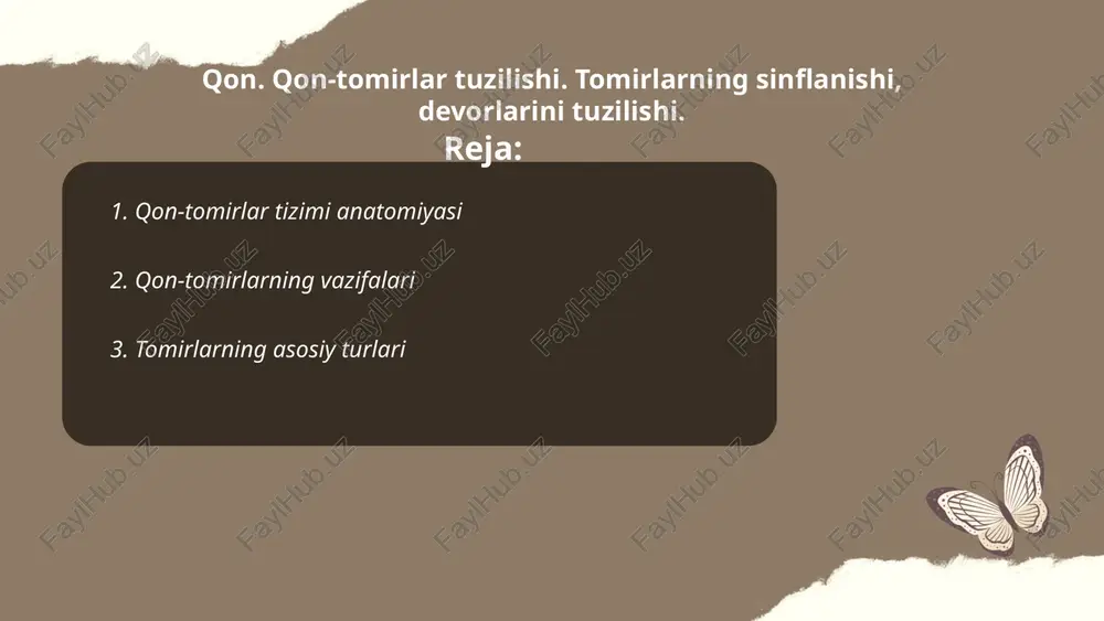 uskulli tuzilishga ega. venalar esa qonni tananing turli qismlaridan yurakka qaytaradi; ularning devorlari yupqaroq va koagra devorlarida klapanlar mavjud. kapillyarlar esa juda kichik qon tomirlari bo'lib, ular orqali modda almashinuvi sodir bo'ladi. kapillyarlar arteriyalar va venalar o'rtasidagi bog'lovchi zanjirni tashkil etadi, ular orqali kislorod va ozuqa moddalar hujayralarga yetkaziladi va chiqindi mahsulotlar olib chiqiladi. ... t.me/slaydai_bot arteriyalar tuzilishi arteriyalar tuzilishi haqida: arteriyalar qon olib o'tuvchi xodalar bo'lib, ularning devorlari uch qavatdan tashkil topgan: tunika intima, tunika media va tunika adventitsiya. tunika intima ichki qavat bo'lib, endotelial hujayralardan tashkil topgan. tunika media o'rta qavat bo'lib, silliq mushak hujayralaridan iborat va qon bosimini boshqarishda muhim rol o'ynaydi. tunika adventitsiya tashqi qavat bo'lib, kollagen tolalardan tashkil topgan. arteriyalar qon bosimiga chidamliligi bilan ajralib turadi. ularning diametri kattaroq arteriyalarda kengroq, masalan, aorta eng katta arteriya hisoblanadi. arteriyalar kislorodga boylangan qonni yurakdan tananing turli qismlariga olib boradi. qon. qon-tomirlar tuzilishi. tomirlarning sinflanishi, devorlarini tuzilishi. ergasheva …