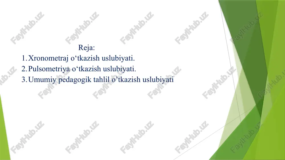 foydalanish joyi va qo‘llanilayotgan uslubiyatlar bilan izohlash mumkin. darsning mz ning ko‘rsatgichlarini o‘zgarishi darsning tipiga ham bog‘liq. jihozlarni yig‘ishtirish jismoniy tarbiya darsini xronometrlash bayonnomasi dars oʻtdi: “ ” vaqt: maktab sinf dars oʻrni oʻquvchilar soni shundan oʻgʻil bolalar qiz bolalar kuzatuvchilar: yil boshidan dars raqami: dars vazifalari a) b) v) "puls" so‘zi lotinchadan tarjima qilinganda "turtki" ma’nosini berib, tomir urishi, yurak qisqarishi natijasida qon tomirlarining ritmik tebranishi, kengayib- torayishi demakdir. puls asosan bilakning ichki yuzasida, bilak arteriyasi sohasida aniqlanadi. buning uchun tekshiriluvchining bilak bo‘g‘imi qo‘l bilan shunday ushlanadiki, bosh barmoq bilakning ichki tomonida, boshqa barmoqlar bilan esa uning yuzidagi urib turuvchi bilak arteriyachasi paypaslab topilib, bir oz bosiladi. puls 10 soniya mobaynida o‘lchanadi va 6 ga ko‘paytirilib 1 minutda qanchaligi aniqlanadi. pulsometriya o‘tkazish uslubiyati jismoniy tarbiya darslarida pulsometriya olib borishdan, ya’ni tomir urishini o‘lchashdan asosiy maqsad darsdagi yuklamaning o‘quvchilar yoshiga, tayyorgarligiga, mashg‘ulot o‘tkaziladigan joy sharoitiga muvofiqligini aniqlashdan iborat. pulsometriya ma’lumotlarini …