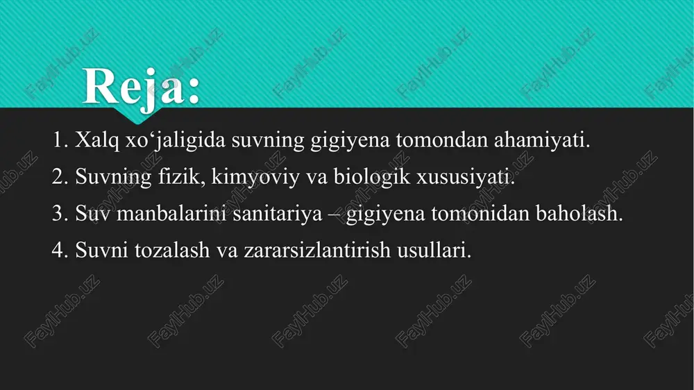 arni tuxumlari ham tushishi mumkin. suv ba’zan odam va hayvonlarda yuqumsiz kasalliklarni kelib chiqishiga ham sabab bo‘ladi. misol - suv tarkibida yod, ftorni o‘zgarishidan buqoq va flyuoroz kasalliklari, hamda qurg‘oshin, margimush bilan zaharlanganliklari aniqlangan. xo‘jalikda ishlatiladigan suvlar sanitariya gigiyena tomondan to‘liq talabga javob berishi kerak. ularni kasallik chaqiruvchi mikroblar, gelmintlarni tuxumi va zaharli moddalar bilan ifloslanishidan quriqlash kerak. suvning fizik xususiyatlari. -suvni fizik xususiyatlariga harorati, rangi, ta’mi, hidi, tiniqligi va loyqaligi kiradi. harorati suvning qanday chuqurliklardan chiqishi va er ustiga yaqinligiga hamda tabiiy sharoitga bog‘liq. ichimlik suvining harorati +200s gacha bo‘lishiga ruxsat etiladi. suvning rangi uning tarkibidagi organik va neorganik qo‘shilmalarga bog‘liq masalan: temir oksidi aralashmasi suvga sariq-qo‘ng‘ir rang beradi, botqoq suvi qo‘ng‘ir rangli bo‘ladi, ko‘k o‘tlar suvda o‘ssa ko‘k rang beradi. sanitariya tomondan ifloslangan suvlar ayniqsa go‘ng va siydik bilan ifloslansa yomon ranglarni beradi. suvning rangi xromli kobalt shkalasida aniqlanib kamida 20-30° bo‘lishi kerak. suvning hidi uni tarkibidagi qo‘shilgan …