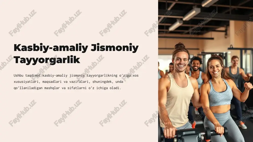 chidamlilik kislorodsiz muhitda uzoq vaqt davomida jismoniy faoliyatni davom ettirish qobiliyati. 3 maxsus chidamlilik kasbga xos vazifalarni bajarish uchun zarur bo'lgan chidamlilik. 7 kasbiy-amaliy jismoniy tayyorgarlikda tezkorlik sifatlari reaktiv tezkorlik to'satdan o'zgarishlarga tezkor javob berish qobiliyati. harakat tezkorligi tananing tez va samarali harakatlanish qobiliyati. qadam tezkorligi bir qadamda eng katta masofani bosib o'tish qobiliyati. 8 kasbiy-amaliy jismoniy tayyorgarlikda egiluvchanlik sifatlari 1 dinamik egiluvchanlik harakatlar diapazoni. 2 statik egiluvchanlik mushaklarning cho'zilgan holatda qolish qobiliyati. 3 umumiy egiluvchanlik butun tananing egiluvchanlik darajasi. 9 kasbiy-amaliy jismoniy tayyorgarlikning tarkibiy qismlari 1 jismoniy tayyorgarlik kuch, chidamlilik, tezkorlik, egiluvchanlik va muvozanatni rivojlantirish. 2 texnik tayyorgarlik kasbga xos harakatlarni to'g'ri bajarishni o'rganish. 3 psixologik tayyorgarlik stressga chidamlilik, motivatsiya, o'zini boshqarishni rivojlantirish. 10 xulosa va takliflar kasbiy-amaliy jismoniy tayyorgarlik har bir kasbning samaradorligini va xavfsizlik darajasini oshirishda muhim rol o'ynaydi. har bir kasb o'ziga xos jismoniy talablarga ega bo'lganligi uchun, kasbiy-amaliy jismoniy tayyorgarlik individual xususiyatlarga moslashtirilishi kerak. 11 …