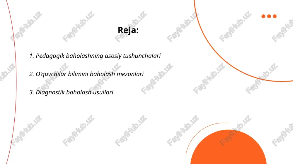 talabalarning bilim darajasini aniqlash uchun qo'llaniladi. bu usullar testlar, savol-javoblar, amaliy vazifalar va loyihalarni o'z ichiga olishi mumkin. bundan maqsad o'quvchilarning qayerda qiyinchilikka duch kelayotganini aniqlashdir. masalan, testlar orqali 80% gacha aniqlik bilan talabaning bilim darajasi baholanadi. savol-javoblar esa o'qituvchiga bevosita talabaning fikrlash jarayonini tushunishga yordam beradi. diagnostik baholash o'qitish strategiyalarini takomillashtirishga va talabalarning o'zlarining o'qish uslublarini tushunishga imkon beradi. shu tarzda, bu usullar 70% dan ortiq o'quvchiga individual yondashuvni ta'minlashga yordam berishi mumkin. ... t.me/slaydai_bot 4. yozma nazorat turlari va mezonlari yozma nazorat turlari va mezonlari ko'plab aspektlarni qamrab oladi. asosiy turlaridan biri testlar bo'lib, unda yopiq (tanlash) va ochiq (ijodiy) savollar mavjud. matn tahlili vazifalari ham keng tarqalgan bo’lib, talabalardan o'qilgan materialni tahlil qilish va tushunishlarini ko'rsatish talab etiladi. insho yozish mezonlari orasida grammatik to'g'rilik, mantiqiy strukturaviy yaxlitlik va mavzuni chuqur ochib berish muhimdir. baholash mezonlari tizimli yondashuv asosida belgilanadi, bu esa adolatli va aniqlilikni ta'minlaydi. har bir …