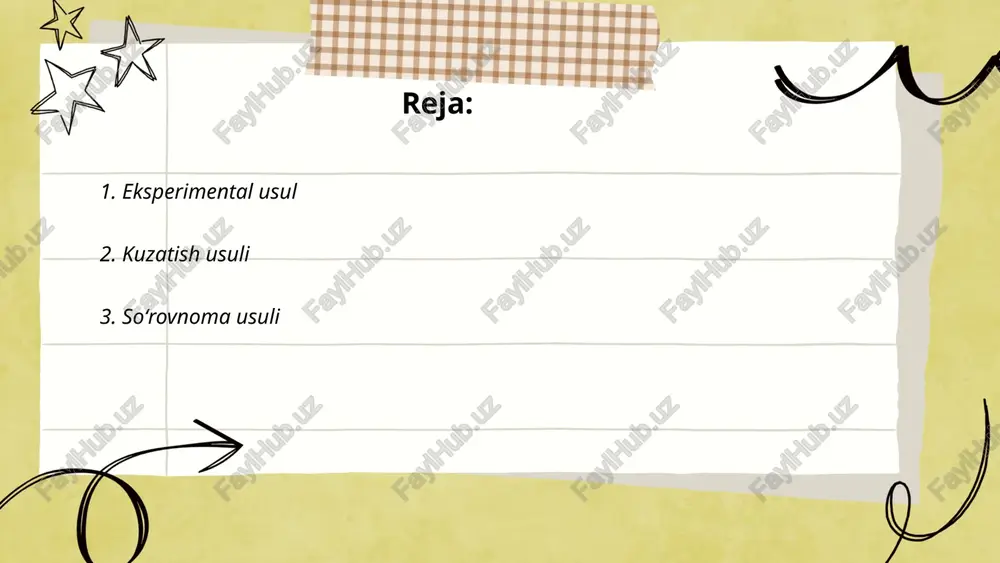 . ushbu usul respondentlarning fikr va tajribalarini oʻrganishda deyarli 75% samaradorlik ko'rsatdi. soʻrovnoma natijalarini tahlil qilish esa tadqiqotchilarga aniq maqsadli qarorlar qabul qilishda yordam beradi. biroq, javoblarning aniqligi respondentlar ishtirokining sifatiga bogʻliq bo‘ladi. ... t.me/slaydai_bot intervyu usuli intervyu usuli - bu ma'lumot yig'ishning muhim vositalaridan biridir. ushbu usul so'rovnoma yoki arxiv bilan solishtirganda, sifat jihatidan boy ma'lumot beradi. intervyularda suhbatdosh bilan to'g'ridan-to'g'ri suhbatlashish orqali respondent fikrlari, his-tuyg'ulari va motivlarini chuqurroq tushunish mumkin. intervyular strukturalangan (aniq tartibli savollar), yarim strukturalangan (erkinroq tizim) yoki strukturalanmagan (erkin suhbat) bo'lishi mumkin. ularni olib borish uchun intervyu oluvchining yuqori darajadagi muloqot ko'nikmalari talab etiladi. intervyularning davomiyligi odatda 30-90 daqiqa atrofida, lekin bu mavzuga bog'liq ravishda o'zgarishi mumkin. psixologiyaning ilmiy tadqiqot usullari kuralov avzal e'tiboringiz uchun raxmat! image1.png image2.png image3.png image4.jpg image5.png image6.jpg /docprops/thumbnail.jpeg