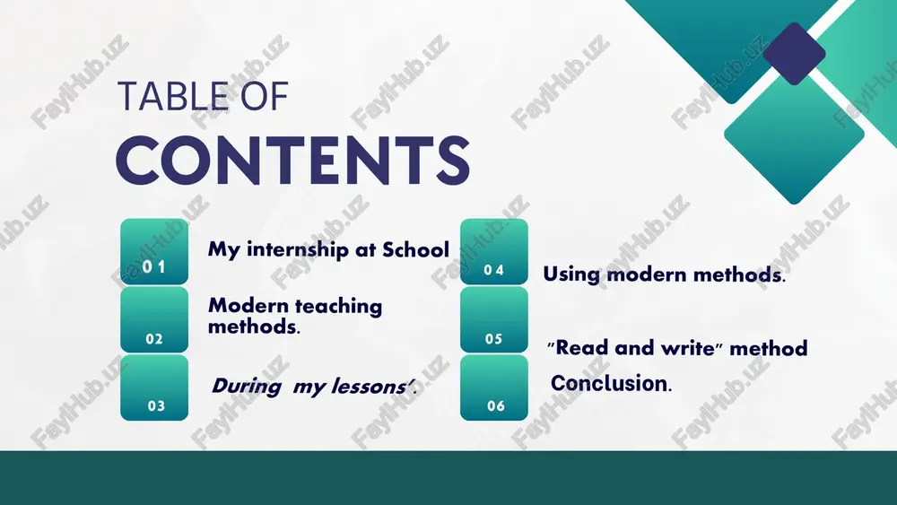 mprove their pronunciation, memorize new words, and practice speaking correctly. students strengthened their speaking skills by applying this method. "read and write" method in the "read and write" method, i encouraged students to read texts and write down key information. this method helped develop their reading and writing skills. by reading texts, understanding their meaning, and writing their own thoughts, students enhanced their logical thinking and writing skills. . using modern methods. throughout the internship, i gained a lot of valuable experience. each lesson helped me better understand the needs of the students, increase their engagement, and improve the effectiveness of my teaching. the students' reactions, answering their questions, and finding ways to make the lessons more interesting and beneficial were crucial in shaping my teaching approach. conclusion. in conclusion, during my internship, i acquired many new knowledge and skills. modern teaching methods helped increase students' engagement, develop their thinking …