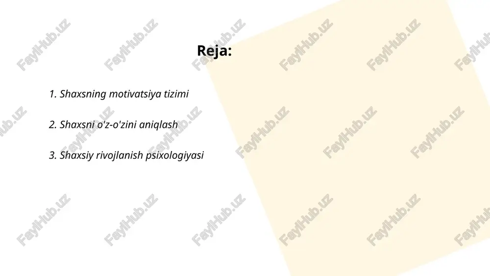 lanib, qarilikgacha davom etadi. har bir bosqichda inson turli ruhiy muammolarni yengib o'tishi kerak. o'smirlik davrida, masalan, identitet shakllanishi asosiy masala bo'lsa, kattalikda yaqinlik va samimiyat muhim rol o'ynaydi. jean piaget esa bolalikdagi kognitiv rivojlanishni to'rt bosqichga ajratgan: sensor-motor, old-operatsion, konkret-operatsion va formal-operatsion. ... t.me/slaydai_bot shaxsiy muammolar va ularning hal qilinishi shaxsiy muammolar ko'plab omillar natijasida kelib chiqishi mumkin va ularni hal qilish uchun turli strategiyalar talab etiladi. muammolar orasida stress, zo'riqish, moliyaviy qiyinchiliklar va munosabatlar bilan bog'liq muammolar mavjud. hal qilish usullari esa o'zini anglash, maslahat olish va psixologik yordamdan foydalanishni o'z ichiga oladi. statistika ko'rsatishicha, shaxsiy muammolar bilan kurashayotgan insonlar orasida 70% dan ortig'i o'zlarini yanada yaxshi his qilishlari uchun ijtimoiy qo'llab-quvvatlashga muhtoj. tadqiqotlar shuni ko'rsatadiki, muammolarni mustaqil hal qilish ko'p hollarda muvaffaqiyatsizlikka olib keladi va bu jarayonda yordam olish muhimligini ta'kidlaydi. ... t.me/slaydai_bot shaxslararo munosabatlar psixologiyasi insonlarning bir-birlari bilan muloqoti va ular orasidagi hissiy aloqalarni o‘rganadi. psixologlar …