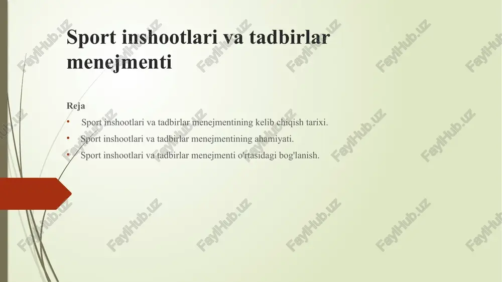ndashuvlar shakllandi. angliyada: futbolning rivojlanishi va uni ommalashtirishga qaratilgan harakatlar, birinchi futbol stadionlarining qurilishi va ular uchun menejment yondashuvlarining paydo bo'lishiga olib keldi. futbol klublari va ligalar tashkil etildi, va bu klublarda sport inshootlarini boshqarish boshlandi. amerikada: 19-asr oxirlarida va 20-asr boshlarida sport tadbirlari, ayniqsa beysbol va basketbol kabi sport turlarining ommalashishi bilan, amerika sport menejmentining asoslari paydo bo'ldi. maxsus sport inshootlari (stadionlar va zallar) tashkil etildi, ular uchun boshqaruv tizimlari ishlab chiqildi. 3. 20-asr: sport menejmentining professionalizatsiyasi: 20-asrning ikkinchi yarmidan boshlab, sport inshootlari va tadbirlar menejmenti o'zining zamonaviy shaklini oldi. ushbu davrda sportni boshqarish va unga oid iqtisodiy yondashuvlar rivojlana boshladi. sport menejmentining ilmiy rivojlanishi: 1950-yillarda sport menejmentining ilmiy yo'nalishi rivojlana boshladi. sport menejmenti bo'yicha dasturlar universitetlarda ochildi, va bu soha mutaxassislarining tayyorlanishi boshlandi. boshqaruvning iqtisodiy, psixologik va ijtimoiy jihatlari o'rganila boshlandi. katta sport tadbirlari: 1960-yillardan boshlab, global miqyosda tashkil etilgan katta sport tadbirlari (masalan, olimpiya o'yinlari, jahon chempionatlari) …
