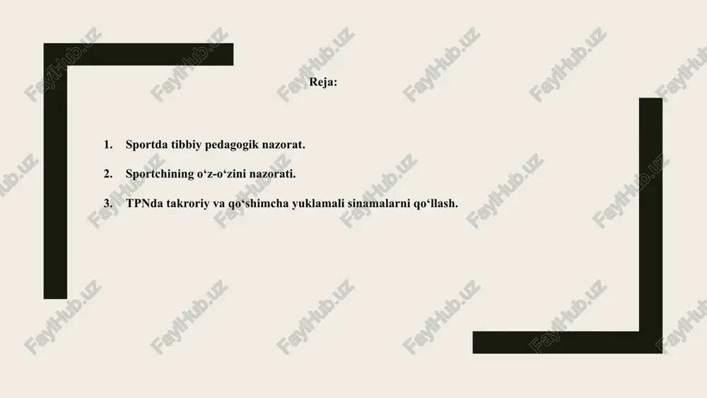 a mashqlar ta’sirini baholashda, hamda mashq mashg‘uloti jarayonining to‘g‘ri tashkil qilish masalalarini hal qilishda foydalanishi kerak. tibbiy-pedagogik nazorat ikki usulda o‘tkaziladi. 1.tibbiy-pedagogik nazoratning oddiy usuli. bunda mashg‘ulot bajarish oldidan va mashg‘ulot bajarilgandan keyin quyidagi ko‘rsatgichlar mashg‘ulotdan oldin va keyin aniqlanadi: a) mashg‘ulot bajaruvchining tashqi ko‘rinishini baholash; b) bir minutda tomir urishi soni; v) maksimal va minimal arterial qon bosimini aniqlash; g) bir minutda nafas olish sonini aniqlash; d) o‘pkaning tiriklik sig‘imini aniqlash; 2.tibbiy-pedagogik nazoratning murakkab usuli. bunda maxsus sinamadan oldin va keyin quyidagi ko‘rsatgichlar aniqlanadi: a) bir minutda tomir urishi soni; b) maksimal va minimal arterial qon bosimi; v) bir minutda nafas olish soni; g) o‘pkaning tiriklik sig‘imi; d) elektrokardiogramma (ekg) yordamida yurak muskullari faoliyatini aniqlash; ye) elektromiogramma yordamida qo‘l-oyoq muskullarining funksional holatini aniqlash. tibbiy-pedagogik nazoratning oddiy usuli natijasini baholash. 1.mashg‘ulot bajaruvchining mashg‘ulot paytida terisi rangining o‘zgarishi, yoki qizarishi, ko‘p yoki oz terlashi, harakat muvozanatini saqlashi quyidagicha baholanadi: - agar …