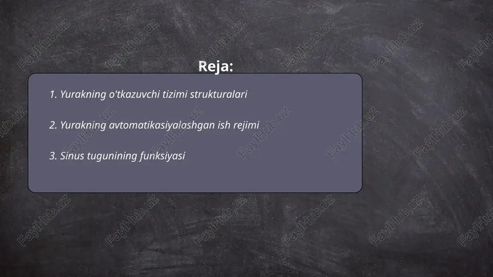 a impulslar ishlab chiqaradi. ushbu impulslar bo‘lmachalar va qorinchalar orqali yurak mushaklari qisqarishini boshqaradi. normal sharoitda sinus tugunidan kelayotgan impulslarga ko‘ra yurak ritmi va tezligi aniqlanadi. bu holat yurakning sinxron, muvofiqlashgan ishlashini va qonning butun organizm bo‘ylab samarali taqsimlanishini ta’minlaydi. sinus tugunining funksiyasi buzilganda bradikardiya yoki taxikardiya kabi yurak ritmining buzilishlari yuzaga kelishi mumkin. ... t.me/slaydai_bot atrioventrikulyar tugunning tuzilishi va vazifasi atrioventrikulyar (av) tugun yurakning muhim elektr komponentlaridan biri bo'lib, yurak impulslarini tartibga solishga yordam beradi. u aniq ravishda yurakning o'ng bo'lmacharasi va qorincha orasida joylashgan. av tugun sinus tugundan keladigan impulslarni qabul qiladi va ularni his to'plamiga yuboradi. bu jarayon yurakning ritmik qisqarishini ta'minlaydi. elektr impulslarni sekinlashtirish orqali av tugun qorincha to'ldirilishi uchun vaqt beradi, bu yurakning samarali ishlashini ta'minlaydi. shu sababli, av tugunning to'g'ri ishlashi yurakning umumiy faoliyati uchun juda muhimdir. yurakning o'tkazuvchi tizimi. yurak avtomitizmi. ergasheva diyora kardiomiotsitlarning sarkoplazmasida hujayraning umumiy va maxsus organellelari joylashgan. maxsus organella …