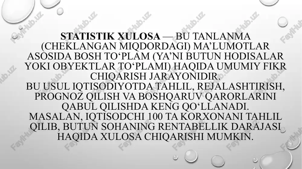 bo‘lib, aniqligi tanlanma hajmiga bog‘liq. oraliqli baholash oraliqli baholashda parametrning haqiqiy qiymati ma’lum ehtimol bilan joylashgan oraliq hisoblanadi. formulasi: \bar{x} \pm t \frac{s}{\sqrt{n}} bu yerda: • \bar{x} – tanlanma o‘rtachasi, • s – tanlanma standart og‘ishi, • n – kuzatuvlar soni, • t – ishonchlilik koeffitsienti (jadvaldan olinadi). masalan: o‘rtacha daromad 3 ± 0,2 mln so‘m (95% ishonchlilik bilan). gipoteza tushunchasi statistik gipoteza – bu bosh to‘plam parametrlari haqida ilgari surilgan taxmin. masalan: “ishchilarning o‘rtacha oyligi 4 mln so‘m” degan fikr gipoteza hisoblanadi. gipotezani tekshirish orqali bu taxminning to‘g‘riligini aniqlash mumkin. ikkita gipoteza qo‘llaniladi: • nol gipoteza (h₀) – farq yoki o‘zgarish yo‘q degan taxmin. • muqobil gipoteza (h₁) – farq bor degan taxmin. xatolik turlari va ularning ta’siri gipoteza sinovida ikki turdagi xatolik uchraydi: 1. i tur xatolik (α) – aslida to‘g‘ri gipotezani rad etish. 2. ii tur xatolik (β) – aslida noto‘g‘ri gipotezani qabul qilish. xatolik darajasini kamaytirish …