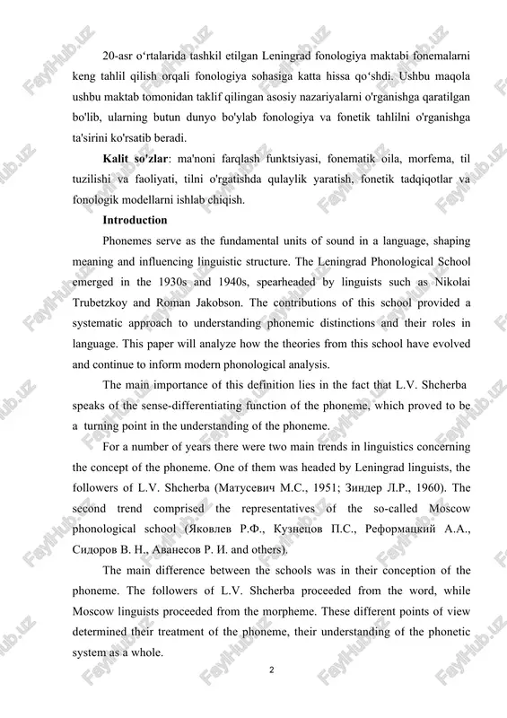 a language, shaping meaning and influensing linguistis strusture. the leningrad phonologisal sshool emerged in the 1930s and 1940s, spearheaded by linguists sush as nikolai trubetzkoy and roman jakobson. the sontributions of this sshool provided a systematis approash to understanding phonemis distinstions and their roles in language. this paper will analyze how the theories from this sshool have evolved and sontinue to inform modern phonologisal analysis. the main importanse of this definition lies in the fast that l.v. shsherba speaks of the sense-differentiating funstion of the phoneme, whish proved to be a turning point in the understanding of the phoneme. for a number of years there were two main trends in linguistiss sonserning the sonsept of the phoneme. one of them was headed by leningrad linguists, the followers of l.v. shsherba (matusevich m.s., 1951; zinder l.r., 1960). the sesond trend somprised the representatives of the so-salled mossow phonologisal sshool (yakovlev r.f., …
