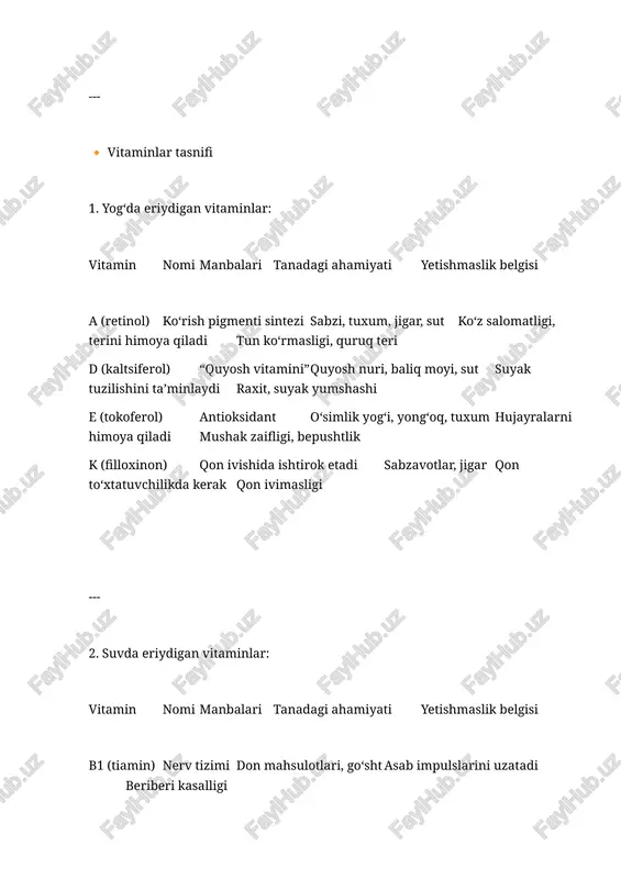 elsin, qulupnay kollagen sintezi, virusga qarshi himoya scurvy (tsinga) – tish qonashi, charchoq --- 🧠 vitaminlarning tibbiyotdagi ahamiyati vitaminlar kasalliklarni oldini olishda profilaktik vosita sifatida qo‘llaniladi. ba’zi holatlarda dorivor shaklda buyuriladi (masalan, b guruhi vitaminlari in’eksiya ko‘rinishida). avitaminoz holatlarida vitamin terapiyasi muhim ahamiyatga ega. hozirda polivitamin preparatlari (vitrum, supradyn, complivit va boshqalar) keng qo‘llanilmoqda. --- 🧩 xulosa vitaminlar inson sog‘lom hayotining ajralmas qismi hisoblanadi. ular tananing barcha tizimlarida biologik faoliyatni ta’minlaydi. vitaminlarni yetarli miqdorda qabul qilish — kasalliklarning oldini olishning eng tabiiy va samarali yo‘lidir.