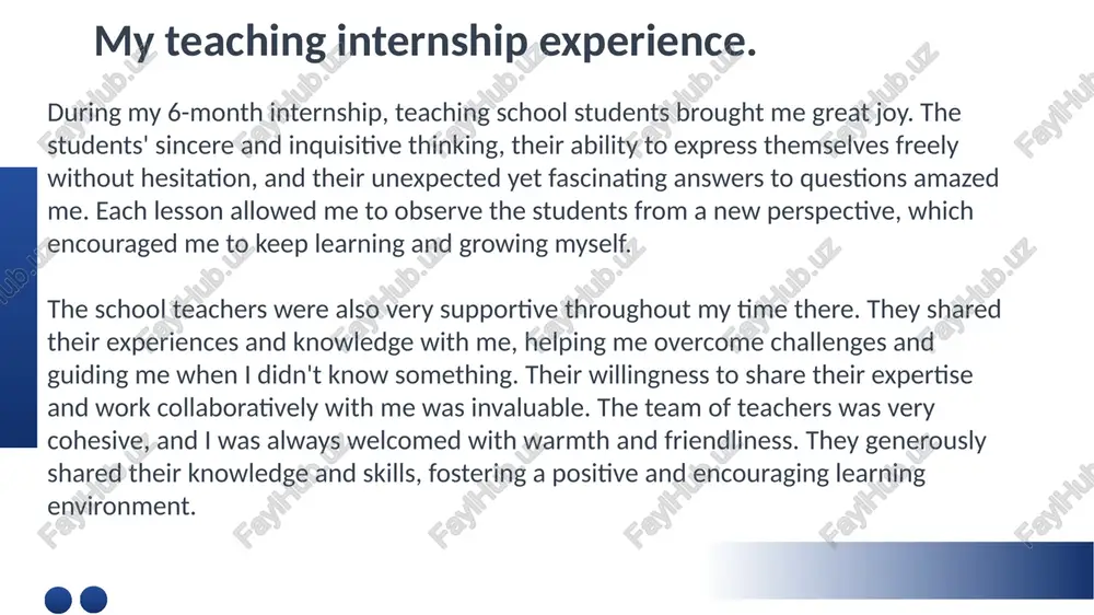 negative feelings towards learning and create a fun, relaxing, and effective learning environment. by applying this technique, i aimed to improve students' psychological state and increase their interest in learning. using desuggestopedia teaching method. the desuggestopedia method helped engage the students more effectively in the lessons. i used a variety of activities such as games, songs, art, and interactive exercises to make the lessons more engaging and dynamic. this approach encouraged students to actively participate and express their thoughts. the students became more confident, and their focus during lessons improved. they not only came to class to gain knowledge but also to express themselves, communicate with peers, and learn new things in an enjoyable way. desuggestopedia method. using various teaching methods is crucial for enhancing the effectiveness of students' learning. in my lessons, i have employed methods such as "read and write," "try and learn," and "follow the steps" to …