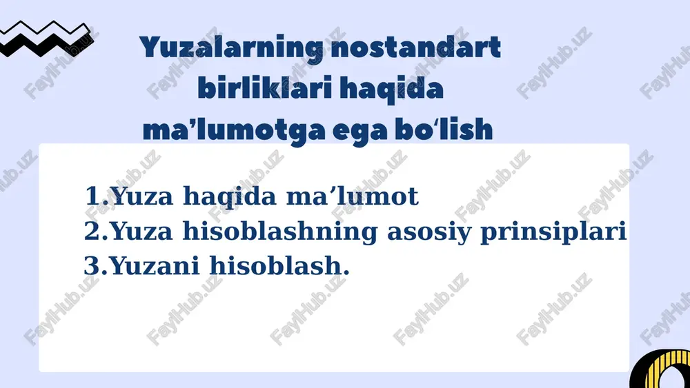 adi. formula: har qanday geometrik shaklning yuzasini hisoblash uchun maxsus formulalar mavjud (masalan, uchburchak, to'rtburchak, doira, va hokazo). eʼtiboringiz uchun tashakkur image9.png image10.svg image11.png image12.svg image1.png image2.svg image3.png image4.svg image5.png image6.svg image7.png image8.svg image13.png image14.svg image15.png image16.svg image17.png image18.svg image19.jpeg /docprops/thumbnail.jpeg