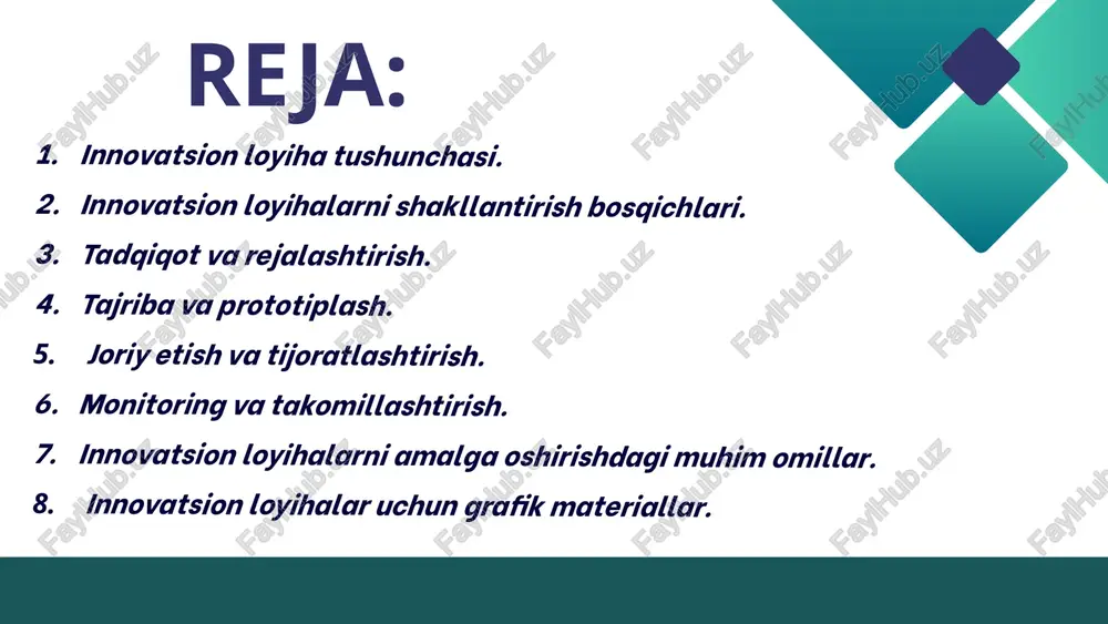 lar, grantlar yoki kreditlar orqali mablag‘ jalb qilish texnologiyalar – ilg‘or texnologiyalar va it vositalaridan foydalanish jamoa – loyihani amalga oshiruvchi professional mutaxassislar jamoasi bozor va mijozlar – aniq ehtiyojlarni o‘rganish va mos mahsulot yoki xizmat taklif qilish moliyalashtirish – investorlar, grantlar yoki kreditlar orqali mablag‘ jalb qilish bu eng muhim omillardan biridir. innovatsion loyihalar uchun kerak bo’ladigan grafik materiallar innovatsion loyiha jarayonlari bosqichlarini tushuntiruvchi infografika startap yoki yangi texnologiya yaratish jarayoni tajriba va prototiplash bo‘yicha vizual materiallar startap yoki yangi texnologiya yaratish innovatsion loyihalarning tezda amalga oshoishida muhim rol o’ynaydi. e’tiboringiz uchun raxmat! image1.png image2.png image3.svg image4.png image5.jpeg image6.png image7.jpeg image8.png image9.svg image10.jpeg image11.jpeg image12.png image13.jpeg image14.jpeg image15.jpeg /docprops/thumbnail.jpeg