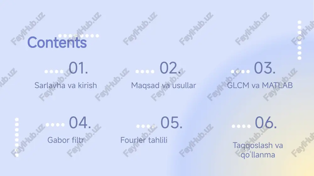 gabor filtrlar, tasvirdagi yo‘nalish va chastota komponentlarini tahlil qiladi. bu orqali teksturaning naqshli xususiyatlarini ajratish mumkin bo‘ladi. model asosida usullar model asosida usullar, masalan markov random field, tasvirdagi statistik tuzilmani tahlil qiladi. bu orqali tasvirning muhim xususiyatlarini ajratish mumkin bo‘ladi. transformatsiya asosida usullar transformatsiya asosida usullar, masalan wavelet tahlil, tasvirdagi chastota va vektor komponentlarini tahlil qiladi. bu orqali teksturaning spektral xususiyatlarini ajratish mumkin bo‘ladi. 9 03 glcm va matlab 10 glcm usuli va uning ko‘rsatkichlari glcm statistik usul glcm (gray level co-occurrence matrix) tasvirdagi piksellar orasidagi kulrang daraja bog‘liqlikni o‘lchaydi. bu statistik usul orqali tasvirning takrorlanuvchi tuzilmasini tahlil qilish mumkin. ko‘rsatkichlar glcm orqali kontrast, korrelyatsiya, energiya va gomosiklik kabi ko‘rsatkichlar aniqlanadi. bu ko‘rsatkichlar orqali tekstura xususiyatlarini tahlil qilish mumkin. matlabda glcm matlabda glcm hosil qilish uchun rgb2gray va graycomatrix funksiyalari ishlatiladi. bu funksiyalar orqali tasvirning statistik xususiyatlarini tahlil qilish mumkin. 11 glcm ni matlab da amalga oshirish matlab kod matlab …