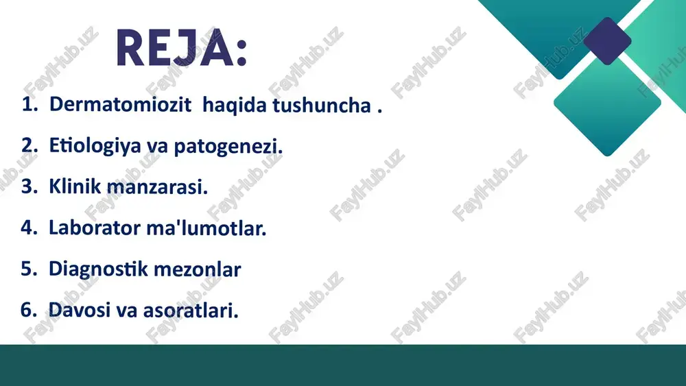 qiladi. bu komplekslar komplement tizimini faollashtiradi (c3, c4 komponentlar). natijada membrana hujum kompleksi (mac, c5b-9) hosil bo‘ladi. mac kapillyar devoriga joylashib, endotelial hujayralarni nekrozga uchratadi. 3. mikroangiopatiya (mayda qon tomirlarning shikastlanishi) endotelial hujayralarning o‘limi → kapillyarlarning yo‘qolishi va torayishi. bu mushak va teri to‘qimalarida ishemiyani keltirib chiqaradi. ishemik jarayonlar natijasida mushak tolalari degeneratsiyasi va nekrozi yuz beradi. shu bilan birga, mushak atrofida perivaskulyar yallig‘lanish infiltratsiyasi paydo bo‘ladi. dermatomiozitning patogenezi. 4. mushak to‘qimalaridagi immun yallig‘lanish cd4+ t-limfotsitlar va b-limfotsitlar mushaklar orasidagi interstitsial sohada to‘planadi. ular sitokinlar (il-1, il-6, tnf-α, ifn-γ) ajratib chiqaradi. ushbu yallig‘lanish mediatorlari mushak hujayralarida mitoxondrial disfunktsiya, oksidlovchi stress va apoptoz chaqiradi. natijada mushak tolalari degeneratsiyalanadi, atrofiyaga uchraydi va o‘rnida fibroz to‘qima hosil bo‘ladi. 5. teri shikastlanish mexanizmi teri kapillyarlarining endotelial shikastlanishi va immun komplekslar to‘planishi natijasida: heliotrop eritema (ko‘z qovog‘idagi binafsha toshma), gottron papulalari, “shal” belgisi (bo‘yindagi toshma) paydo bo‘ladi. shuningdek, uv nurlanish teri hujayralarida immun reaktsiyani kuchaytiradi, …