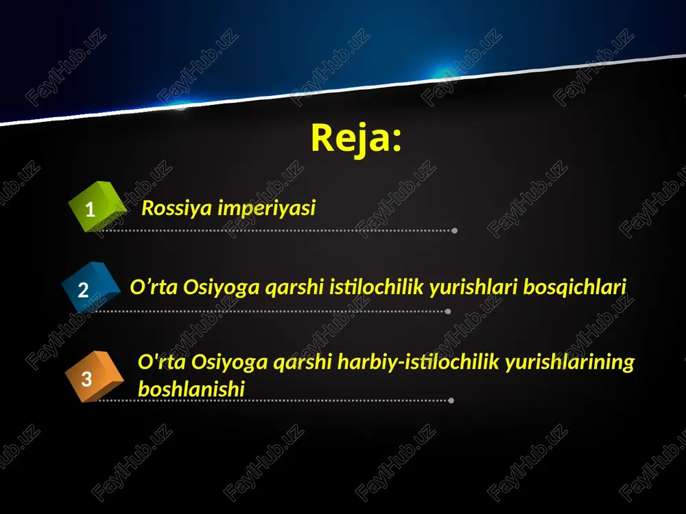 yo'lga qo'yish uchun yuboriladi. u buxoroga kelib, qaytib ketayotganda ikki hamrohi bilan halok bo'ladi. 1832-yilda buxoroga a. byoms, 1844-yilda mayor i. volf, 1843-yilda xiva va buxoroga kapitan j. abbot yu-borilgan. o'rta osiyo davlatlariga harbiy sohada yordam berish va ularga rossiya imperiyasiga qarshi harbiy ittifoq tuzish taklifi bilan buxoroga kelgan angliyaning ost-indiya kompaniyasi vakillari ch. stoddart va a. konnoli 1842-yilda amir tomonidan qatl qilindi. bunga javoban angliya hukumati buxoroga qarshi afg'oniston bilan sulh tuzib, ularni qurollantiradi. shundan keyin afg'oniston buxoro amirligi hududining bir qismini bosib oldi. natijada 1855-yilda o'zbeklar va tojiklar yashaydigan amudaryoning janubiy sohilidagi hududlar afg'oniston viloyatiga aylantirildi. xix asrning o'rtalariga kelib angliyaning o'rta osiyoga nisbatan olib borayotgan bunday siyosati va podsho hukumatining qrim urushidagi (1853-1856) mag'lubiyati rossiya imperiyasini buxoro amirligi, qo'qon va xiva xonliklarini bosib olish harakatlarini tezlashtirishga undadi. buning uchun u, eng avvalo, unga olib boradigan yo'llar, ayniqsa, rossiya imperiyasini o'rta osiyo bilan bog'lovchi savdo yo'llarini to'liq o'z …