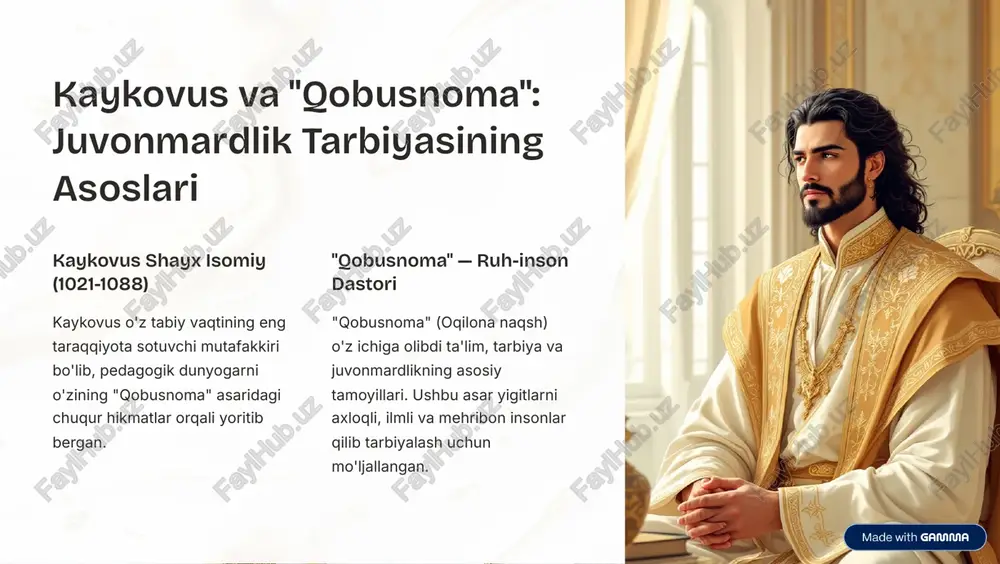 lishi mirzo ulug»bek samarkand va buxoroda madrasalar qurilishi buyurtma qilgan. ularda aniqq ilm, geometriya va astronomiya o»rgatilgan. bilim mubadilatining tashkili uning madrasalarida sharq va g'arb tilidagi kitoblar o»rganilgan. ilmiy fikrlar almashina bugungi ko»p markaziy university tizimining asosini tashkil etdi. astronomiyal tadqiqotlar mirzo ulug»bek o»z rasadxonasida jang va sayyoralarni o»rganish uchun foydali jadvalni tuzgan. bu ilmiy va ta'limiy yutuq o»z zamonida beklasiz edi. https://gamma.app/?utm_source=made-with-gamma abdurahmon jomiy: ta'limiy-axloqiy qarashlarning mohiyati jomiyning ijodiy merosiy abdurahmon jomiy (1414-1492) 4 sharqning eng katta mutafakkir-shoiri. u o'z asarlarida insonning axloqiy kamoloti va ruhiy rivojlanishi masalalarini chuqur o»rganib, ta'limiy ahamiyatini asoslarni yaratgan. asosiy e»tibor: jomiy ta'limda ayniqsa axloq-qadriyat ahamiyatini ko»rsatgan. https://gamma.app/?utm_source=made-with-gamma jomiy ijodida inson kamoloti va odob-axloq masalalari ruhiy toza-tahorat jomiy ruhiy tazolikni insonning eng muhim sifati de5 belgilagan. ta'lim qanday qilib nafsi taholidan boshlashi lozim. ilmiy bilim va uquvchi ilm-bilim inson uchun nur va yo'lboshchi. o»quvchilar notanish fanlarni o»rganishda qat'iy ustuvorligi haqida jomiy yozgan. ijtimoiy mas'uliyet …