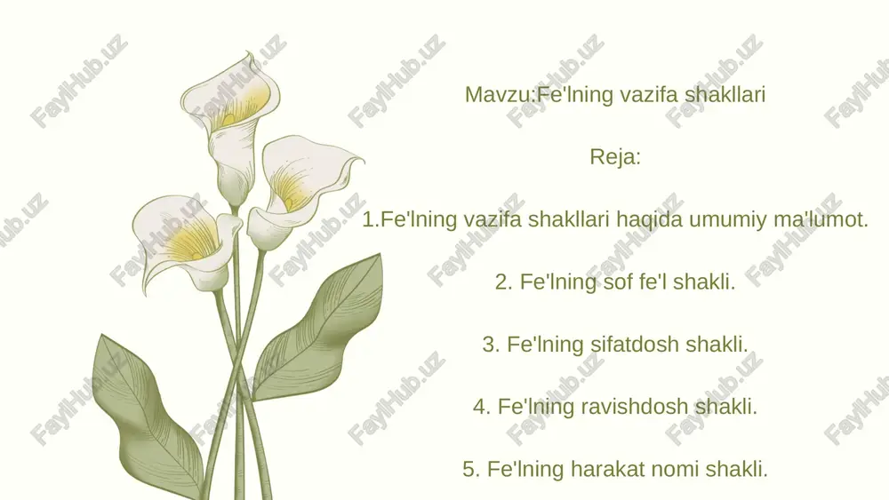 u ga aylantiradi. masalan, o'qi - o'quv, o'yla - o'ylov. sifatdashning sintaktik (gapdagi) vazifasi sifatdosh gapda, asosan aniqlovchi ba'zan hul vazifasini bajaradi. 1. aniqlovchi: ekkan gullarim ko'kardi. aytar so'zni ayt, aytmas so'zdan qayt. 2. hol ketayotganda hammasini gapirib berdi. eslatma: aslida sifatdosh kesim vazifasini bajarmaydi, lekin ayrim paytlarda kesim vazifasida kelishi kuzatiladi. u kitob o'qigani o'qigan. yigit kishining uyalgani o'lgani, eman daraxtining egilganisingani. sifatdosh otlashganda, asosan, ega, to'ldiruvchi, aniqlovchi, ba'zan kesim vazifasini bajaradi 1. ega: birlashgan o'zar, birlashmagan to zar. 2. to'ldiruvchi: bo'linganni bo'ri yer, ayrilganni ayiq 3. aniqlovchi: ko'rmaganning ko'rgani qursin. so'raganning bir yuzi qora, bermeganning ikki yuzi. 1. kesim sovrin-yatganniki. bu narsa yugurganniki emas, buyarganniki ega: birlashgan o'zar, birlashmagan to zar. 2. to'ldiruvchi: bo'linganni bo'ri yer, ayrilganni ayiq 3. aniqlovchi: ko'rmaganning ko'rgani qursin. so'raganning bir yuzi qora, bermeganning ikki yuzi. 1. kesim sovrin-yatganniki. bu narsa yugurganniki emas, buyarganniki ravishdosh. bu harakatning belgisini bildirgan fe'l shakliga ravishidosh deyiladi. ravishdash …