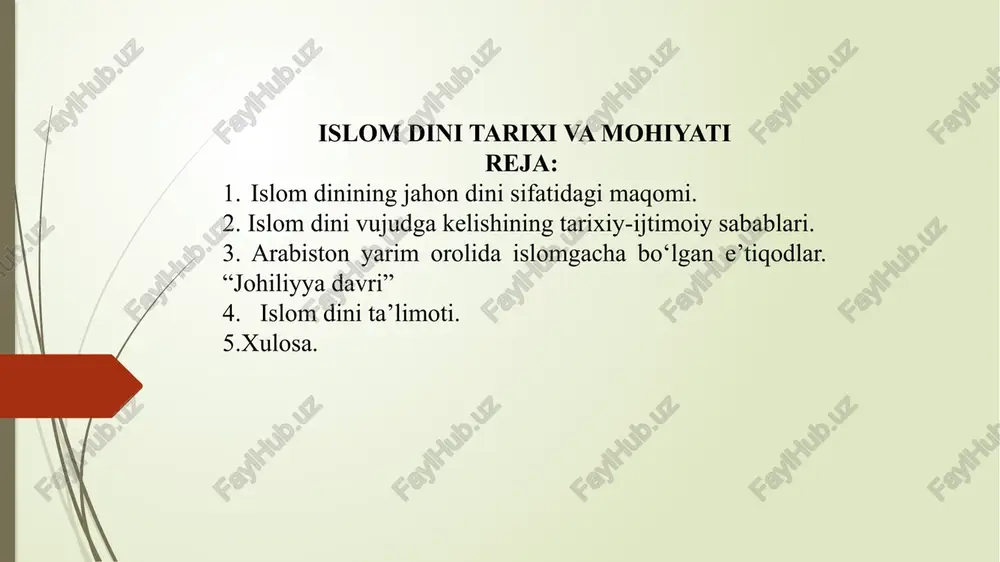 an tashqari xalq orasida norasida qizlarni tiriklayin ko’mish, mayxo’rlik va boshqa axloqiy buzuqliklar keng yoyilgan edi. arabistonda har xil xudolarning timsollari – sanamlar qachon paydo bo’lgani haqida muayyan tarixiy ma’lumotlar yo’q. ba’zi tarixchilarning xabar berishicha, arabistonga birinchi bo’lib sanam keltirib va unga ibodat qilishni boshlab bergan amr ibn luhay ismli shaxs bo’lgan. u shomga tijorat maqsadida tez-tez safar qilib turardi. shomda esa butparastlik, turli sanamlarga sig’inish odatlari ancha avval shakllangan edi. arabistonning turli yerlarida muayyan sanamlarning qarorgohi mavjud bo’lib, ular ziyoratgohlar sifatida ma’lum edi. makka arabistonning diniy markaziga aylangach, u yerdagi ka’ba sanamlar to’plangan joyga aylanib qoldi. islom dini ta’limoti. islom ta’limoti bo‘yicha barcha payg‘ambarlar yagona allohga imon keltirishga chaqirganlar va bu ularning eng asosiy vazifasi hisoblangan. shu bilan birga ularning shariati turlicha bo‘lgan. musulmonlar islom ta’limotini muhammad payg‘ambar (a.s.)dan o‘rganganlar. vaqt o‘tishi bilan islom ta’limotini faqat shu dinni yaxshi bilgan olimlar tushuntira boshladilar. bu ta’limotni tushuntiruvchi fan paydo bo‘ldi. …