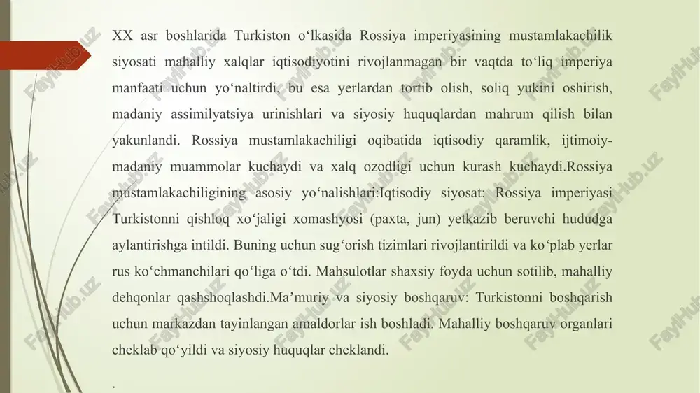 niy va maʼnaviy zarar: xalqning oʻz madaniy va maʼnaviy qadriyatlariga zarar yetdi, assimilyatsiya urinishlari milliy oʻzligini anglashni cheklab qoʻydi. xix asr ikkinchi yarmi boshlarida turkiston xonliklarini buysundirish maqsadida rossiya olib borayotgan siyosat buyuk britaniyaning shu borada uzoqni kozlagan rejalariga jiddiy xavf solar edi. shuning uchun angliya turli yollar bilan orta osiyodagi davlatlarni rossiyaga qarshi otlantirish payiga tushadi. 1831-1833-yillarda ost-indiya kompaniyasi leytenanti aleksandr berne hindistondan afgonistonga, undan buxoroga sayyoh sifatida keladi. bu «sayohat» natijasida yigilgan dalillar va shaxsiy kuzatuvlar «buxoroga sayohat» deb nomlangan uch jildlik kitobga asos boldi. bu orinda a.bernsning ozbek xalqi xususida bildirgan fikrlari diqqatga sazovordir: «ozbeklar muomalada kamtar va samimiy. ular mening kim ekanimni bilmaganliklaridan, barcha narsalar xususida, hukmdorlari va syyosatdan tortib, bozordagi ahvol haqida ham tortinmay sozlashdilar». angliya oz diplomatlari, sayyohlari hamda aygoqchilari vositasida buxoro, xiva va qoqon xonliklarini rossiyaga qarshi ittifoqqa uyushtirishga harakat qildi. ular shu maqsadda fors va turk tillarini yaxshi bilgan konolli, berne, archi …