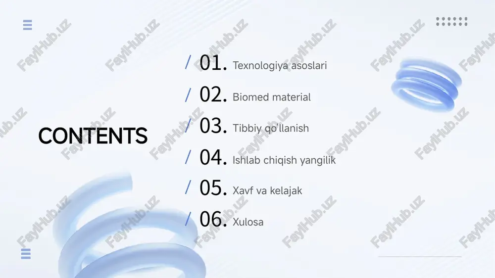 alumina yuqori tozalik, mexanik mustahkamlik va kimyoviy barqarorlik bilan keramik implant va tish kronlarida ishlatiladi. o'ta yuqori qattiq va chidamli. yaxshi biouyum va estetika. uzoq omr ko'rsatgichini ta'minlaydi. 8 03 tibbiy qo‘llanish 9 jarrohlik rejalashtirish modellari 3d chop anatomik modellari jarrohga amaliyotdan oldin operatsiya strategiyasini ko‘rib chiqish, o‘lchamni tekshirish va instrument moslamasini sinab ko‘rish imkonini beradi. etiroz vaqtini qisqartirish anatomik nuanslarni oldindan bilish operatsiya vaqtini sezilarli darajada qisqartiradi. xato ehtimolini kamaytirish bosh miya, yurak va suyak rekonstruksiyasi kabi murakkab operatsiyalarda xavfsizlikni oshiradi. 10 stomatologiyada yutuqlar: bir tashrifda ta'minot intraol skaner ma'lumoti to'g'ridan-to'g'ri printerga yuboriladi, laboratoriya vaqti 80% gacha qisqaradi. intraoral skaner tishlarning raqamli modelini yaratish. → 3d model va chop tish modeli, kron, aligner shablonlari. → bemorga o'rnatish bitta tashrifda tish olib, kron bilan ketish. 11 an'anaviy protez og'ir, noqulay material. yuqori narx. murakkab ishlab chiqarish. vs 3d chop protezi 40% yengilroq. shaxsiy rang va shakl. bolalarga moslashuvchi. narx 3 …