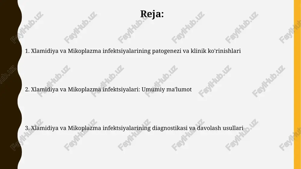 sh uchun sitologik tekshiruv, ya'ni servikal shilliq qavatining mikroskopik tekshiruvi qo'llanilishi mumkin, ammo bu usulning aniqligi pcr ga qaraganda pastroq va qo'shimcha tekshiruvlarni talab qilishi mumkin. serologik testlar, masalan, elisa yoki immunofluoresensiya testlari, xlamidiya antitellarini aniqlash orqali infektsiyani tasdiqlashda qo'llaniladi, ammo ularning sezuvchanligi pcr ga nisbatan pastroq bo'lishi mumkin. xlamidiya va mikoplazma infektsiyalarining asoratlari xlamidiya infektsiyasi 20-30% hollarda tuxumdonlarning yallig'lanishiga (salpinksit), homiladorlikning tashqi tomonidan rivojlanishiga va bepushtlikka olib kelishi mumkin. mikoplazma infektsiyalari erkaklarda 30% gacha prostata bezining yallig'lanishi (prostatit) va epididimitga sabab bo'lishi mumkin, bu esa bepushtlikka olib keladi. mikoplazma infektsiyasi: patogenezi va klinik ko'rinishlari mikoplazma infektsiyalari, ayniqsa mycoplasma pneumoniae, nafas yo'llari infektsiyalari, masalan, pnevmoniya yoki bronxit kabi, o'pka yallig'lanishi bilan namoyon bo'lishi mumkin. mikoplazma infektsiyasining patogenezi hujayra yuzasidagi retseptorlar bilan mikoplazmaning adhezinlari o'rtasidagi o'zaro ta’sir orqali boshlanadi, bu esa 10⁵-10⁷ cfu/ml gacha bo'lgan yuqori infektiv dozalarni talab qiladi. xlamidiya infektsiyasining davolash usullari davolash kursi tugagandan keyin 3-4 hafta o'tgach, …