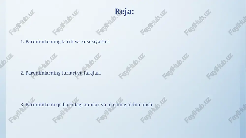 xos xususiyatlarini aniqlash mumkin, bu esa kamida 3 ta asosiy xususiyatni ochib beradi. paronimlardan foydalanish ba'zi paronimlar 3-4 ta ma'noga ega bo'lib, ularning kontekstdagi ishlatilishi jumlaning umumiy ma'nosini tubdan o'zgartirishi mumkin, shuning uchun ehtiyotkorlik talab etiladi. paronimlarni to'g'ri qo'llash nutq madaniyatining 2 asosiy ko'rsatkichidan biri hisoblanadi va 10 ta keng tarqalgan paronimni farqlash imkoniyati savodxonlik darajasini belgilaydi. paronimlarning ma'no farqlari paronimlar orasida 2-turdagi so’zlar morfologik tuzilishi o'xshash, biroq ma’nolarida sezilarli farqlar kuzatiladi. masalan, “qabul qilish” va “qabul etish” fe’llari o’zaro 2 xil ma’no ifodalaydi. 3-turdagi paronimlar – sinonimlarga yaqin, ammo ma’no nuanslari bilan farqlanadi. masalan, "o'zlashtirish" va "o'rganish" so'zlari har xil jarayonlarni ifodalaydi: 1-si - faol egallab olish, 2-si esa bilish jarayoni. paronimlarga oid xatolar so'zlarning fonetik o'xshashligiga qaramasdan, leksik ma'nolaridagi farqlarni bilmaslik, masalan, "qabul qilish" va "qabul qildirish" paronimlarini noto'g'ri qo'llashga, 15 dan ortiq xato turini keltirib chiqaradi. paronimik xatolarni tahlil qilish shuni ko'rsatadiki, 30% dan ortiq holatlarda talabalar …