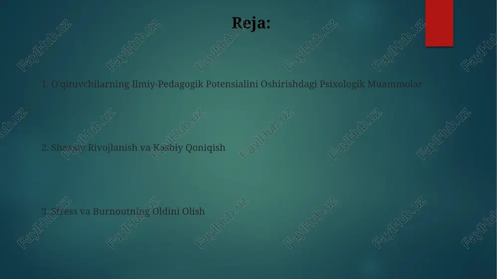 o'qituvchilarning 30%ida "raqamli charchoq" sindromini keltirib chiqarishi va ularning emotsional holatiga salbiy ta'sir ko'rsatishi mumkin. psixosomatik kasalliklar psixosomatik kasalliklar stress va emotsional zo‘riqish tufayli yuzaga keladi, bu esa o‘qituvchilarning 30% dan ortig‘ida kuzatiladi va ularning professional faoliyatiga salbiy ta’sir ko‘rsatadi. depressiya va xavotir kabi psixosomatik kasalliklar o‘qituvchilarning 60% gacha bo‘lgan qismida kasbiy qoniqishning pasayishiga va ish samaradorligining 20% ga kamayishiga olib keladi. ota-onalar bilan muloqotdagi qiyinchiliklar o'qituvchilarning 70% dan ortig'i ota-onalar bilan munosabatlarda emotsional yon bag'rida kommunikativ to'siqlarni boshdan kechirishadi, bu esa ishonchsizlik va nizolarga olib keladi. pedagogik kompetensiyaning pastligi va kommunikativ ko'nikmalarning yetishmasligi tufayli 50% dan ortiq o'qituvchilar ota-onalar bilan konstruktiv muloqotni o'rnatishda qiynalishadi. burnout sindromi "burnout sindromi" ning oldini olish va davolash uchun samarali stress-menejment strategiyasi, psixologik yordam va qo'llab-quvvatlash mexanizmlarini joriy etish muhim ahamiyat kasb etadi. o'qituvchilarning 60% gacha professional faoliyatida emotsional tuganish holati yoki "burnout sindromi" ga duch kelishi mumkin, bu esa ularning pedagogik samaradorligiga salbiy …