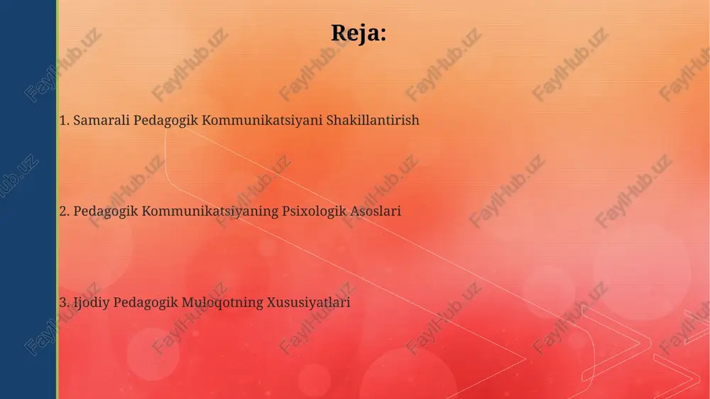 ol bilimga ega bo‘lishiga olib keladi. pedagogik muloqotning baholash va takomillashtirish pedagogik muloqot samaradorligini baholashda 5 ballli shkala yoki rubrikadan foydalanish, o’qituvchining nutq madaniyati, tinglash va fikr almashish ko’nikmalarini aniq baholash imkonini beradi. pedagogik muloqotni takomillashtirish uchun, kamida 3 ta o’z-o’zini baholash vositasidan foydalanish va o’qituvchilarning o’zaro kuzatuv va muhokamalarini tashkil qilish tavsiya etiladi. o’quvchilarning faol ishtiroki darajasini (masalan, 70% dan yuqori) va ularning fikr-mulohazalarini hisobga olgan holda, pedagogik muloqotning sifatini o’lchash mumkin. ijodiy pedagogik muloqotning xususiyatlari noverbal muloqot elementlarini (mimika, imo-ishoralar) samarali qoʻllash, ijodkor pedagogik muloqotda tushunish darajasini 15-20 ballga oshiradi va ishonchli muhit yaratadi. muvaffaqiyatli ijodkor pedagogik muloqot, metakognitiv jarayonlarni faollashtirish orqali, oʻquvchilarning mustaqil fikrlash qobiliyatini 30% ga rivojlantirishga imkon beradi. ijodkor pedagogik muloqotda oʻquvchilarning 5 ta asosiy kognitiv uslubini hisobga olish, individual yondashuvni taʼminlash va samaradorlikni 20% ga oshirishga yordam beradi. pedagogik muloqotda ijodkorlik va innovativ yondashuvlar pedagogik muloqotda o'quvchilarning 7 ta turli o'rganish uslubini hisobga olish …