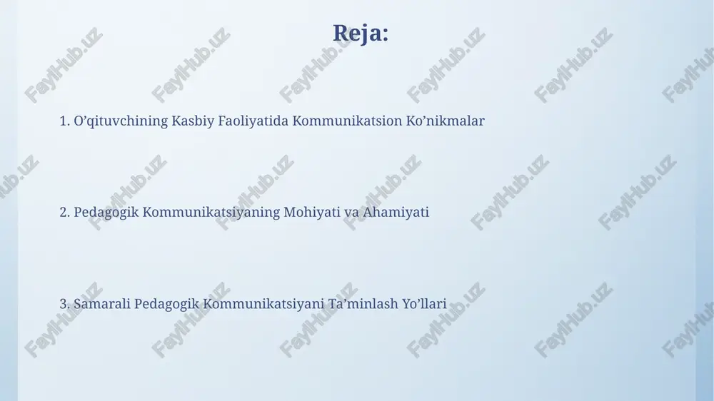 va o‘qituvchining professional o‘sishi o‘qituvchilarning pedagogik kommunikatsiya ko‘nikmalarini rivojlantirish bo‘yicha 5 bosqichli trening dasturi o‘qitish uslublarini diversifikatsiya qilish va o‘quvchilar bilan munosabatlarni yaxshilashga yordam beradi, shu bilan birga, o‘qituvchining o‘ziga ishonchini 15% ga oshiradi. o‘qituvchining o‘z-o‘zini baholash va o‘z faoliyatini tahlil qilish orqali pedagogik kommunikatsiya ko‘nikmalarini takomillashtirish, o‘qituvchining professional o‘sishini tezlashtirib, pedagogik mahoratini 10 balldan 7 ballga oshirishi mumkin. samarali pedagogik muloqotning texnikalari samarali pedagogik muloqotning asosiy texnikalaridan biri – 3-7 daqiqali qisqa, aniq va tushunarli tushuntirishlar orqali talabalarning diqqatini jalb qilish va mavzuni tushunarli qilishdir. muvaffaqiyatli pedagogik muloqotda, o'qituvchi kamida 2 xil o'quv uslubini qo'llab, individual yondashuvni ta'minlash orqali 80% dan ortiq talabalarni faol jalb qilishi kerak. pedagogik kommunikatsiyani rivojlantirish yo‘llari o‘qituvchilarning pedagogik kommunikatsiya ko‘nikmalarini baholash uchun 5 balldan iborat shkala asosida quyidagi mezonlarni o‘z ichiga olgan testlarni qo‘llash mumkin: og‘zaki nutq, tanlangan til, tanlash va tushunish. pedagogik kommunikatsiyani takomillashtirish uchun kamida 10 ta turli xil o‘quv resurslaridan foydalanish, …