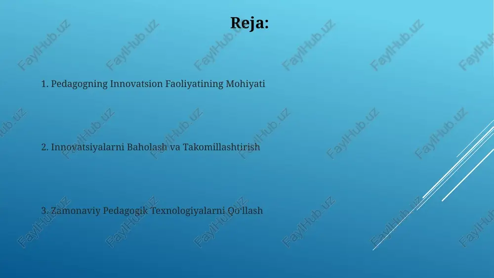 an o‘qituvchilar tomonidan qo‘llaniluvchi, o‘quv rejasini moslashtirish, individual yondashuv va o‘quvchilarning bilimlarini baholashning yangi usullarini (portfel, loyiha usuli) o‘z ichiga oladi. interfaol o'qitish usullaridan foydalanish interfaol deyarli hamma mashg'ulotlarni (masalan, 10 ta mavzu bo'yicha) guruhlarga bo'lib, har bir guruhga 3 ta topshiriq berish orqali, o'quvchilarning muloqot ko'nikmalarini rivojlantirishga yordam beradi. interfaol o'qitish usullaridan foydalanish, masalan, "aqilli doska" yordamida 20 dan ortiq turli xil multimedia resurslarini birlashtirish, o'quv jarayonini 30% ga tezlashtirishi mumkin. o'quv jarayonini takomillashtirish bo'yicha innovatsion g'oyalar interaktiv o'quv dasturlari va virtual laboratoriyalarni joriy etish, an'anaviy usullarga nisbatan 20% tezroq bilim o'zlashtirishga va o'quvchilarning mustaqil fikrlash qobiliyatini 12% rivojlantirishga yordam beradi. aqlli sinf xonalarini (smart classrooms) qo'llash orqali, o'quv jarayonini 30% avtomatlashtirish va o'qituvchining vaqtini 25% tejash mumkin. innovatsion faoliyat natijalari va baholash innovatsion loyihalarning ta’sirini baholashda, oʻquvchilarning motivatsiyasi va qiziqishining oʻsishi (40% ga yaqin), shuningdek, darslarga boʻlgan munosabatlarining ijobiy oʻzgarishlari (35%) aniqlandi. innovatsion pedagogik faoliyat samaradorligini baholashda oʻquvchilarning …