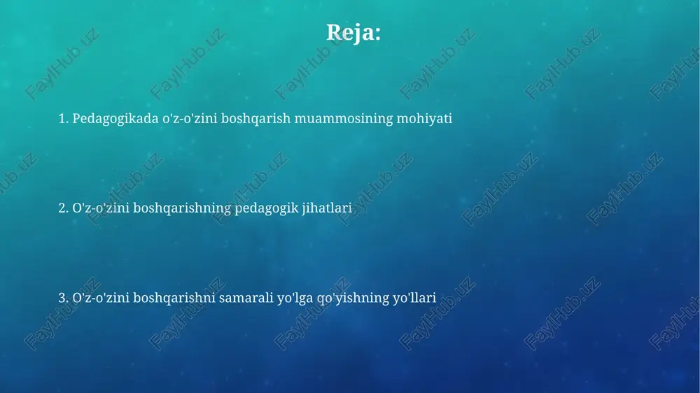 iyatlarning samaradorligini 2 barobar kamaytiradi. o'z-o'zini boshqarishni qo'llab-quvvatlash strategiyasi o'z-o'zini boshqarish ko'nikmalarini rivojlantirish uchun 3 ta asosiy texnika qo'llanilishi mumkin: vaqtni boshqarish, prioritetlarni belgilash va o'z-o'zini baholash. samarali o'z-o'zini boshqarish uchun talabalarga 70% mustaqil ishlash va 30% o'qituvchining qo'llab-quvvatlashi nisbatini ta'minlash tavsiya etiladi. o'z-o'zini boshqarishning pedagogik muammolari o'z-o'zini boshqarishning muvaffaqiyatli qo'llanilishi uchun 5 ta asosiy omil (motivatsiya, maqsad qo'yish, rejalashtirish, nazorat va baholash)ni hisobga olish zarur, aks holda samaradorlik past bo'ladi. ta'lim muassasalarida o'z-o'zini boshqarishni joriy etishda duch kelinadigan 2 ta asosiy qiyinchilik: o'quvchilarning tayyorgarligi va o'qituvchilarning ushbu uslubga moslashishi. o'quvchilarning o'z-o'zini boshqarish qobiliyatlarini rivojlantirish samarali o'z-o'zini boshqarish uchun o'quvchilarga 7 ta asosiy qadamdan iborat strategiya – rejalashtirish, bajarish, baholash va o'zini tuzatishni o'rgatish zarur. o'quvchilarning o'z-o'zini boshqarish qobiliyatlarini rivojlantirishda 5-9 yoshli bolalarda o'z-o'zini tarbiyalash ko'nikmalarini shakllantirishga alohida e'tibor berish kerak, bu ularning mustaqilligini va mas'uliyatini oshiradi. e'tiboringiz uchun rahmat @taqdimot_robot image3.png image4.jpg image5.jpg image6.jpg image7.jpg image8.jpg image9.jpg image10.jpg