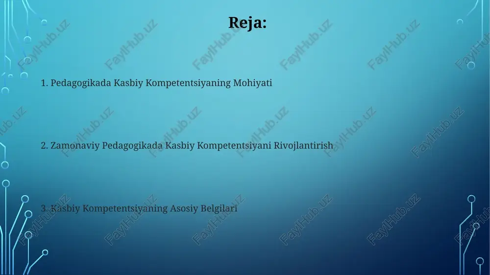 n bo'lishi shart. o'z ustida ishlash va rivojlanish pedagogik mahoratni rivojlantirish bo‘yicha 5 ta aniq maqsad qo‘yish va ularga erishish uchun 1-2 oylik rejani tuzish, samaradorlikni 2 barobar oshiradi. o‘z ustida ishlash jarayonida kamida 2 ta yangi pedagogik texnologiya yoki metodlarni o‘zlashtirish, dars berish sifatini 10-15 ballga yaxshilaydi. bilimlar va ko'nikmalar zamonaviy pedagog o'quv jarayonini 70% amaliy mashg'ulotlar va 30% nazariy ma'ruzalarga asoslangan holda tashkil qilish ko'nikmasiga ega bo'lishi kerak. pedagogikada muvaffaqiyatli faoliyat uchun kamida 5 ta asosiy bilim sohasi (didaktika, psixologiya, o'quv metodlari va boshqalar) va 3 ta ko'nikma guruhi (kommunikativ, tashkiliy, diagnostik) muhim hisoblanadi. pedagogikada kasbiy kompetensiya tushunchasi pedagogikada kasbiy kompetensiya o'qituvchining 5 ta asosiy sohada (didaktik, psixologik, ijtimoiy, axloqiy va metodik) malakalarini, bilim va ko'nikmalarini o'z ichiga oladi. kasbiy kompetensiyaning 3 ta tarkibiy qismi: nazariy bilimlar, amaliy ko'nikmalar va shaxsiy fazilatlar o'qitish samaradorligini belgilaydi. zamonaviy pedagogik texnologiyalar o'quv jarayonida gamifikatsiya elementlaridan foydalanish, masalan, ballar, reytinglar va mukofotlar …