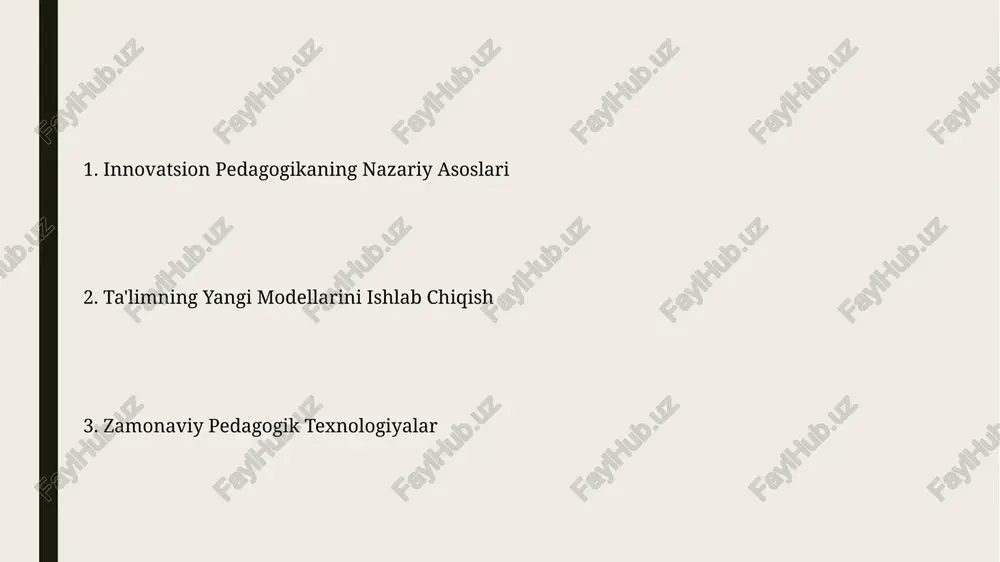 esa metakognitiv jarayonlarni rivojlantirish bilan bog'liq. innovatsion pedagogikaning nazariy asoslarini tushunish uchun 3 ta asosiy konstruktivistik yondashuv – ijtimoiy konstruktivistizm, kognitiv konstruktivistizm va radikallashgan konstruktivistizmni tahlil qilish muhimdir. ijtimoiy konstruktivistik nazariyalar ijtimoiy konstruktivistik nazariyalar, o'quvchilarning faol bilimlarni qurilish jarayonida 5-7 kishilik kichik guruhlarda hamkorlik qilishini ta'kidlaydi, bu esa birgalikdagi fikrlash va muammolarni echish ko'nikmalarini rivojlantiradi. vygotskiyning yaqin rivojlanish zonasiga oid 1978 yildagi nazariyasi, ijtimoiy konstruktivistik yondashuvning asosiy tamoyillaridan biri bo'lib, o'quvchilarning o'zlashtirish darajasini aniqlashda muhim ahamiyatga ega. baholashning yangi modellar baholashning yangi modellari kompetentsiyaga asoslangan yondashuvlarni, xususan, 3 ta asosiy kompetentsiya (bilim, ko'nikma, munosabat) darajasini baholashni o'z ichiga oladi. summativ baholash bilan birga, 5 tadan ortiq formatif baholash strategiyalarini qo'llash, ta'lim jarayonining samaradorligini 20% ga oshirishi mumkinligi tadqiqotlarda aniqlangan. e'tiboringiz uchun rahmat @taqdimot_robot image1.jpg image2.jpg image3.jpg image4.jpg image5.jpg image6.jpg image7.jpg