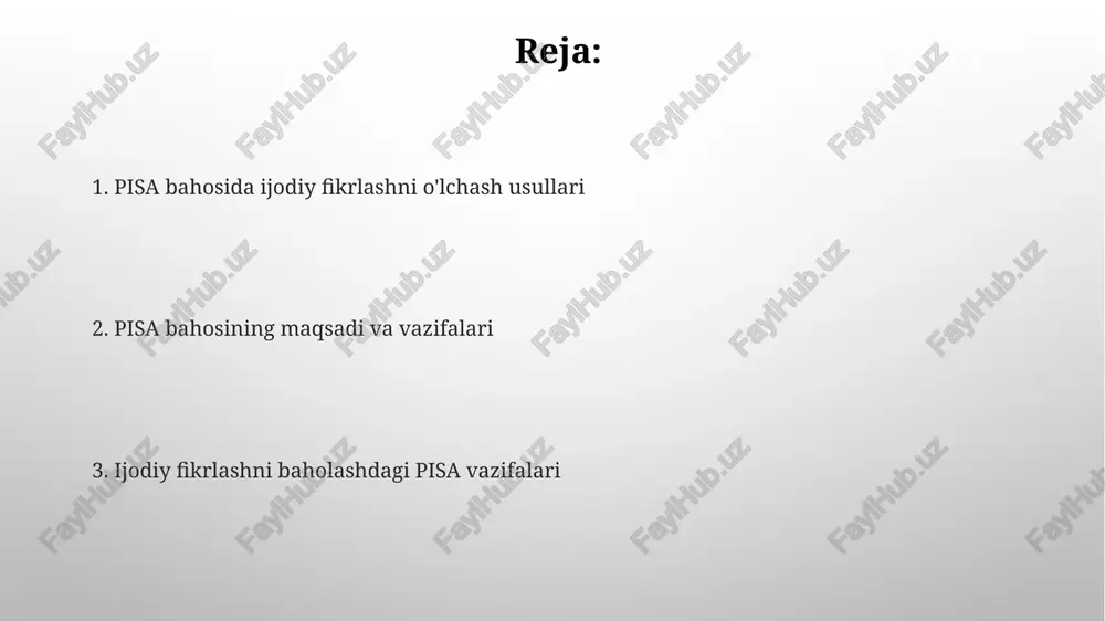 rdan foydalaniladi, natijalar esa 5 ball shkalasi bo'yicha baholanadi. pisa natijalarining ta'limiy amaliyotga ta'siri pisa hisobotlaridagi tavsiyalar asosida, 30 dan ortiq mamlakat o'z ta'lim siyosatlarida ijodiy fikrlashni baholash va rivojlantirishga alohida e'tibor qaratgan. baholash natijalari bo'yicha 15 balldan past natija ko'rsatgan maktablar qo'shimcha resurslar va o'qituvchilar tayyorgarligi dasturlariga jalb qilindi, bu ijodiy fikrlashni rivojlantirishga yordam beradi. ijodkorlik fikrlashni baholashdagi pisaning cheklashlari ijodkorlikning murakkab koʻp qirrali tabiati pisaning 60 daqiqalik cheklangan vaqt doirasida toʻliq oʻlchanishini qiyinlashtiradi, baholovchi testlarning umumiy soni esa 20-25 tadan oshmaydi. pisa bahosining ijodkorlikni baholashdagi asosiy cheklashlaridan biri – yopiq savollarning ustunligi boʻlib, bu oʻquvchilarning noyob va xilma-xil fikrlash usullarini toʻliq aks ettirmaydi, taxminan 70% savol yopiq formatda. kelajakdagi pisa tadqiqotlarida ijodkorlik fikrlash pisaning keyingi bosqichlarida ijodkorlikni baholash uchun, kognitiv qobiliyatlarni 3 ta asosiy komponent – konvergent, divergent va original fikrlashni o'z ichiga olgan murakkab modeldan foydalanish rejalashtirilgan. taxminan 2030-yilga kelib, pisa ijodkorlikni baholashda, sun'iy intellekt texnologiyalarini qo'llab, …