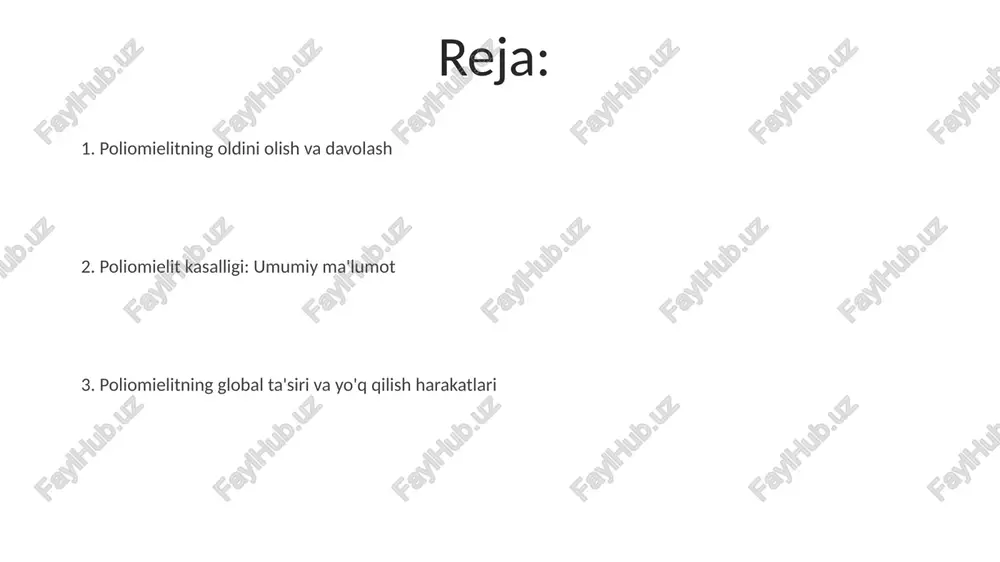 r halinde bağışıklık"ni shakllantirish va virus tarqalishini to'xtatishga imkon beradi. jahon sog'liqni saqlash tashkiloti ma'lumotlariga ko'ra, yillik 100 000 dan ortiq poliomielit holatlari emlash orqali oldini olish mumkin edi, bu esa o'lim va nogironlik darajasini keskin kamaytiradi. poliomielit kasalligi nima? kasallik ogʻiz orqali yuqadi, virus ichak-meʼda yoʻllarida koʻpayadi va qon oqimiga tarqalib, markaziy nerv sistemasiga taʼsir qiladi, bu esa mushaklarning zaiflashishiga va falajga olib keladi. davolash yoʻq, lekin polio vaktsinasi kasallikning oldini olishda 99% samarali hisoblanadi, bu esa virusning tarqalishini sezilarli darajada kamaytirishga yordam beradi. poliomielitning turlari poliomielitning uch turi mavjud: birlamchi, ikkilamchi va uchlamchi, ularning har biri turli xil alomatlar va og'irlik darajalariga ega bo'lib, taxminan 1% hollarda nafas olish mushaklarining falajiga olib keladi. poliomielitning klinik ko'rinishlari har xil bo'lib, asemptomatik infektsiyalardan tortib, og'ir falajga va hatto o'limga olib kelishi mumkin, bu taxminan 5-10% hollarda kuzatiladi. davolash usullari poliomielitning og'ir shakllarida, nafas olish mushaklarining falaji bilan, sun'iy nafas oldirish …