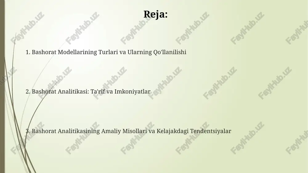 shirish bashoratlarning aniqligi 95% ishonch oralig'ida bo'lganda, xatolik chegarasi ±5% ni tashkil etadi va bu modelning ishonchliligi darajasini ko'rsatadi. vaqt seriyali bashoratlarining aniqligini baholash uchun, mape (mean absolute percentage error) kabi metriklardan foydalanib, 100 ta kuzatuvdan keyin xatolik darajasini hisoblash mumkin. regressorlarning ko'rsatkichlarini (r-kvadrat, rmse) tahlil qilish orqali 3 ta turli bashorat modelining samaradorligini taqqoslash va eng yaxshisini tanlash mumkin. amaliy qo'llanmalar moliyaviy sohada, firibgarlik operatsiyalarini aniqlash tizimlari yordamida 90% gacha firibgarlik urinishlarini oldini olish mumkin, bu esa millionlab dollarni tejashga yordam beradi. prognozlashtiruvchi tahlil yordamida mijozlarning 85% gacha bo'lgan ehtimoliy orttirishiga erishiladi, bu esa marketing kampaniyalarining samaradorligini sezilarli darajada oshiradi va xarajatlarni kamaytiradi. sog'liqni saqlash sohasida, kasalliklarni oldindan aniqlash algoritmlari, o'lim holatlarini 15% ga kamaytirish va bemorlarning umrini uzaytirish imkoniyatini beradi. kelajakdagi tendentsiyalar katta ma'lumotlar tahlili orqali, ya'ni big data, iste'molchilar xatti-harakatlarini 90% gacha aniqlik bilan bashorat qilish mumkin, bu marketing va biznes strategiyasini takomillashtirishga yordam beradi. 2030-yilga kelib, …