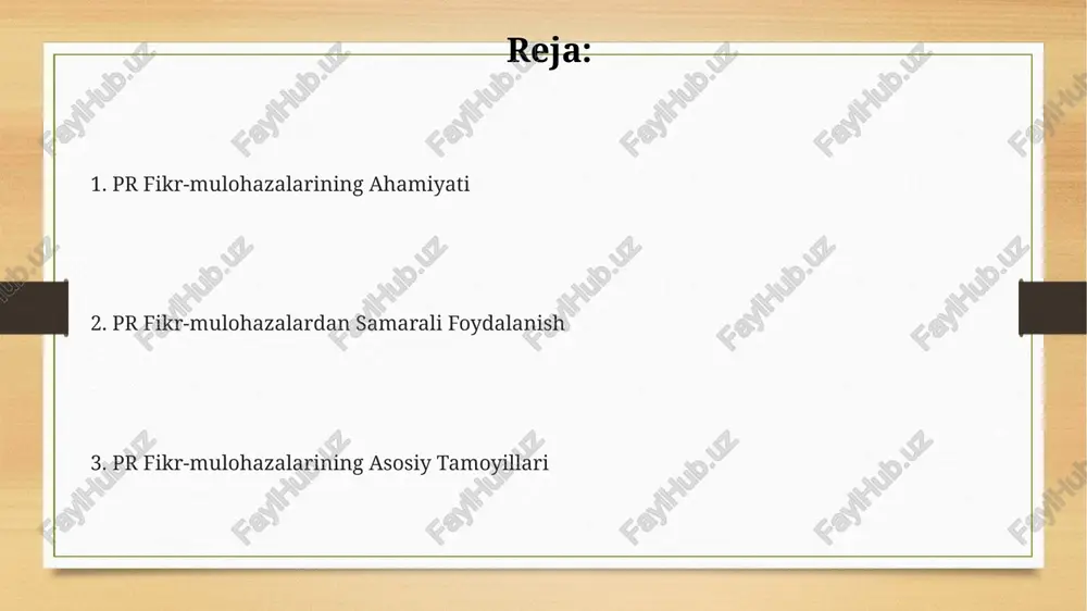 'minlash, 30% dan ortiq ochiq muloqotni rag'batlantiradi va salbiy fikrlarni ochiqchasiga bildirishga imkon beradi, bu esa yaxshilanishlarga olib keladi. o'zaro hamkorlikni yaxshilash uchun 5 dan ortiq loyiha ishtirokchilarining fikr-mulohazalarini muntazam ravishda yig'ish va tahlil qilish muhim, bu samaradorlikni 15% ga oshirishi mumkin. ish samaradorligini oshirish uchun konstruktiv tanqid va ijobiy fikrlarni muvozanatlash kerak, bu jamoa ichidagi ishonchni 20% ga mustahkamlaydi va muammolarni tezroq hal qilishga yordam beradi. fikr-mulohazalarning turli manbalari fikr-mulohazalarni aniqlashda 5 ta turli manbadan ma'lumot olish mumkin: kuzatish, eksperiment, statistik ma'lumotlar, sotsiologik tadqiqotlar va adabiyotlar tahlili. fikr-mulohazalarni shakllantirishda 3 ta asosiy manba – shaxsiy tajriba, 2-manba sifatida o'qish va ilmiy adabiyotlar, 3-manba sifatida esa boshqalar bilan muloqot va fikr almashish muhim rol o'ynaydi. o'quv jarayonida fikr-mulohazalarni shakllantirishda kamida 4 ta manba muhim: darsliklar, qo'shimcha adabiyotlar, o'qituvchilarning tushuntirishlari va talabalarning o'zaro muhokamalari. fikr-mulohazalar asosida strategiya tuzish 5 ta asosiy manfaatdor tomonning fikr-mulohazalarini tahlil qilish, strategiya muvaffaqiyatining 80% ni ta'minlaydi, …