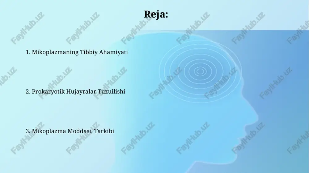 ltirib chiqarishi mumkin. mikoplazmalar hujayra yuzasidagi adgezinlar orqali epiteliy hujayralariga yopishib, 10-30 soat ichida infektsiyani keltirib chiqarishi mumkin. prokaryotik hujayralar tuzilishiga umumiy nuqtai prokaryotik hujayra devori peptidoglikanlardan tashkil topgan bo'lib, hujayraning shaklini saqlash va himoya qilishda muhim rol o'ynaydi, gram-musbat va gram-manfiy bakteriyalar esa hujayra devorining tuzilishiga ko'ra farqlanadi. prokaryotlarning genetik materiallari yadro membranasi bilan o'ralmagan holda sitoplazmada joylashgan bo'lib, ularning dnksi odatda halqali va bitta xromosomali bo'ladi. mikoplazmalar: ta'rif va xususiyatlari ularning genom o'lchami 580-1350 kb bo'lib, boshqa bakteriyalarga nisbatan juda kichik va minimal genomga ega. mikoplazmalar 0,1-1,0 mkm o'lchamdagi eng kichik prokariot hujayralar bo'lib, hujayra devoriga ega emas va steroidlarni o'z ichiga oladi. e'tiboringiz uchun rahmat @taqdimot_robot image2.jpg image3.jpg image4.jpg image5.jpg image6.jpg image7.jpg image8.jpg image1.png